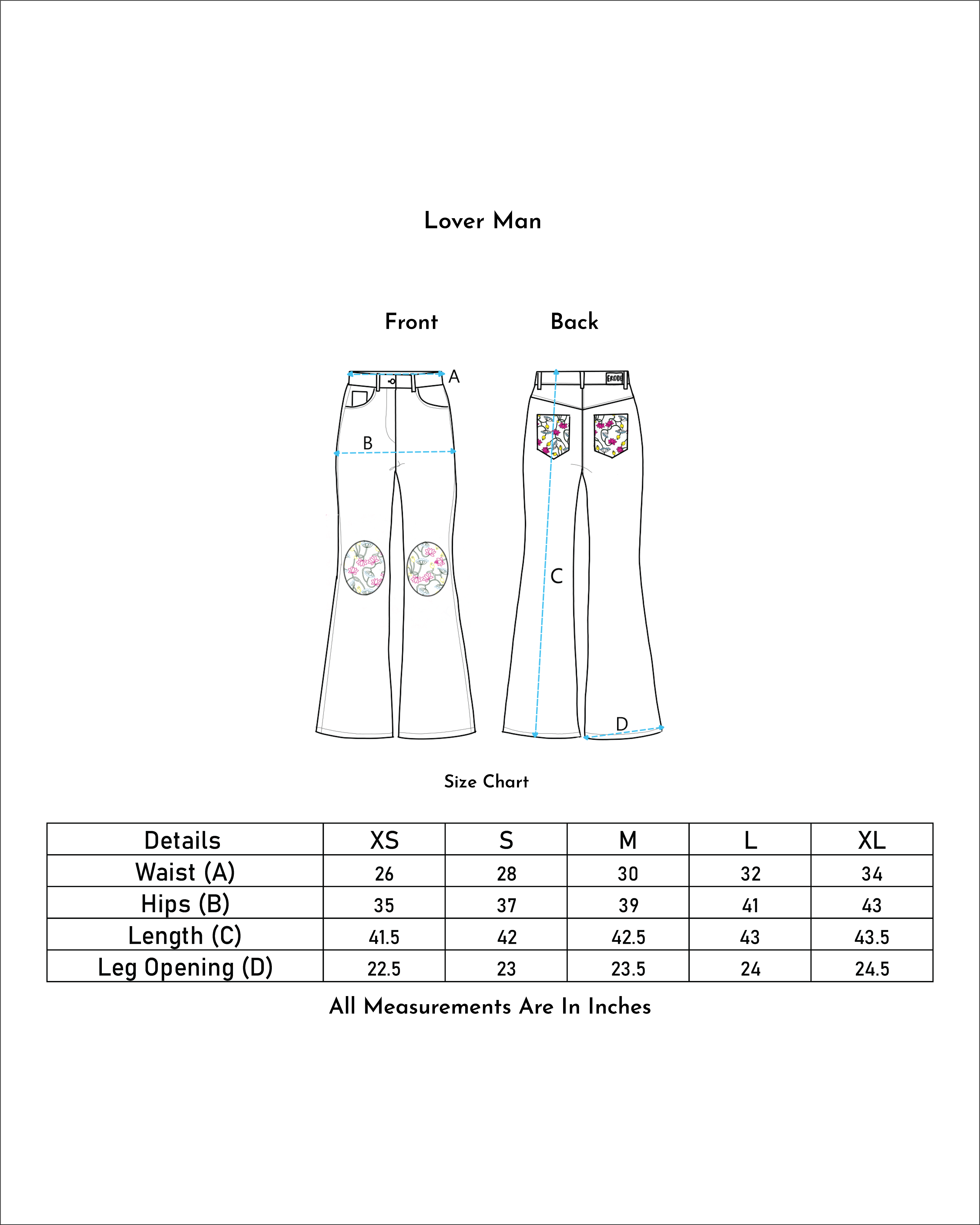 Size chart for Lover Man flared jeans with floral knee and back pocket designs, waist, hip, length, and leg opening measurements in inches for XS to XL.