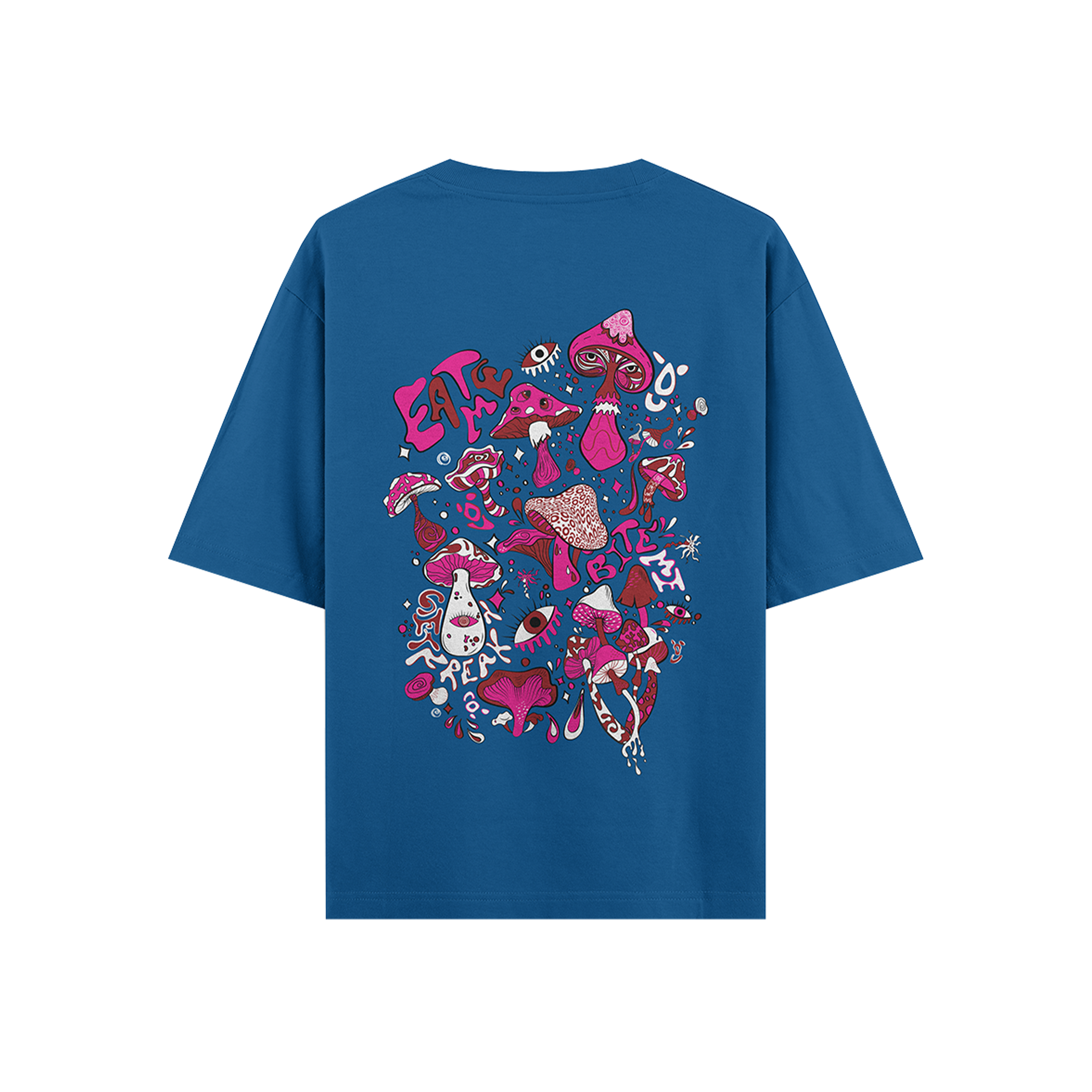 Blue streetwear t-shirt with vibrant psychedelic mushroom graphic and bold illustrated designs