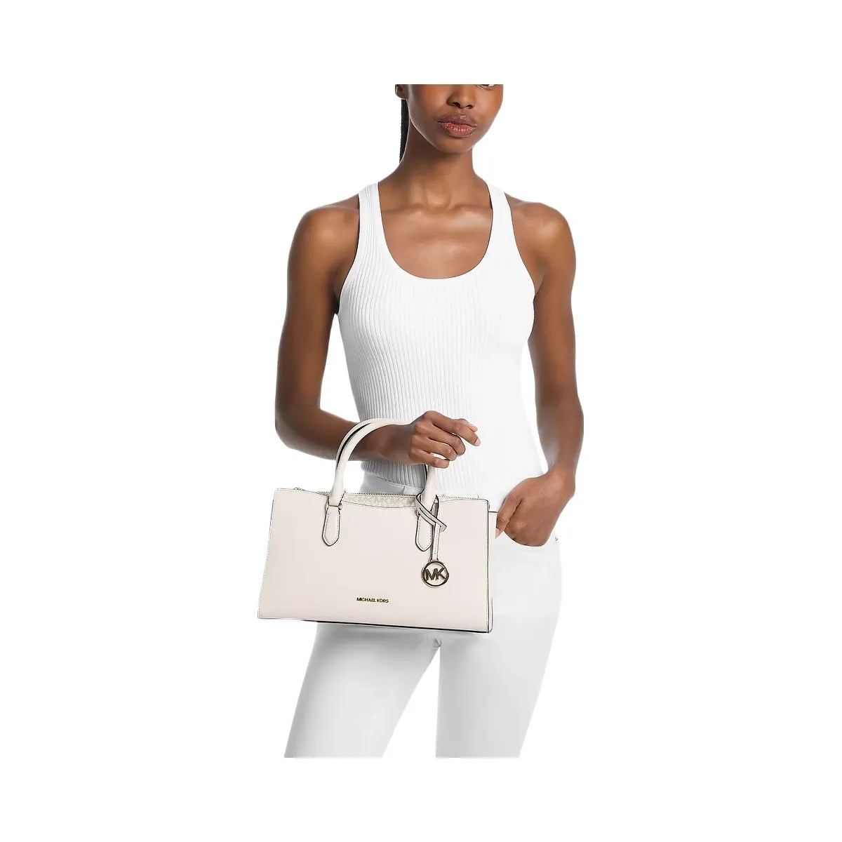 Michael Kors Arden Medium Leather Top-Zip Satchel Lt Cream