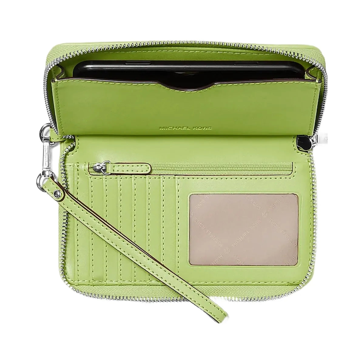 Michael Kors Jet Set Travel Large Logo Jacquard Denim Smartphone Wristlet Lime
