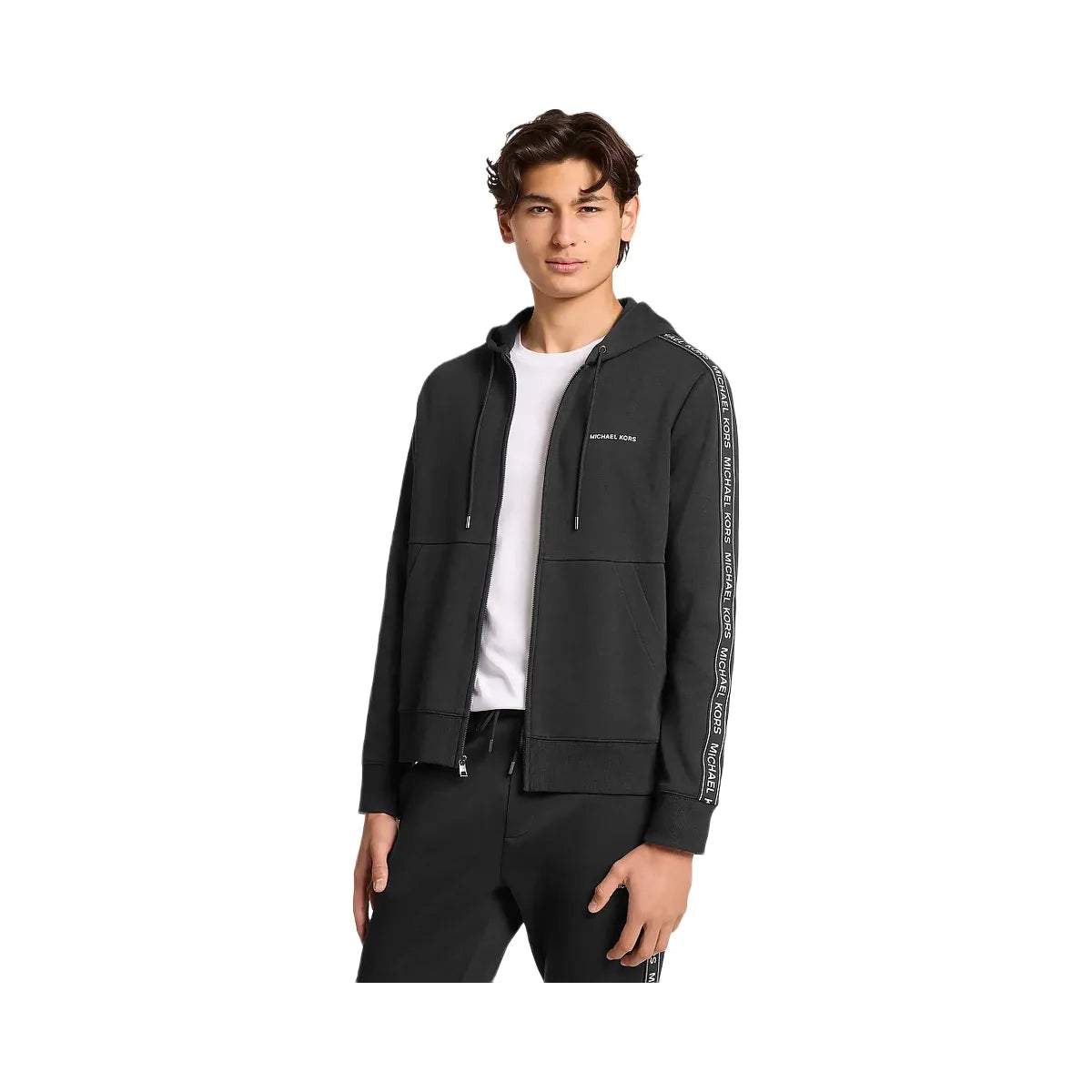 Michael Kors Logo Tape Cotton Blend Zip-Up Hoodie Black