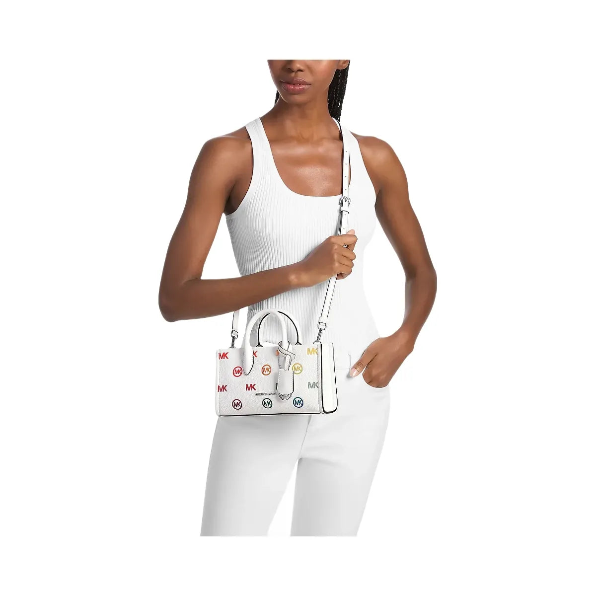 Michael Kors Mirella Small Rainbow Logo Embossed Convertible Crossbody Bag Optic White