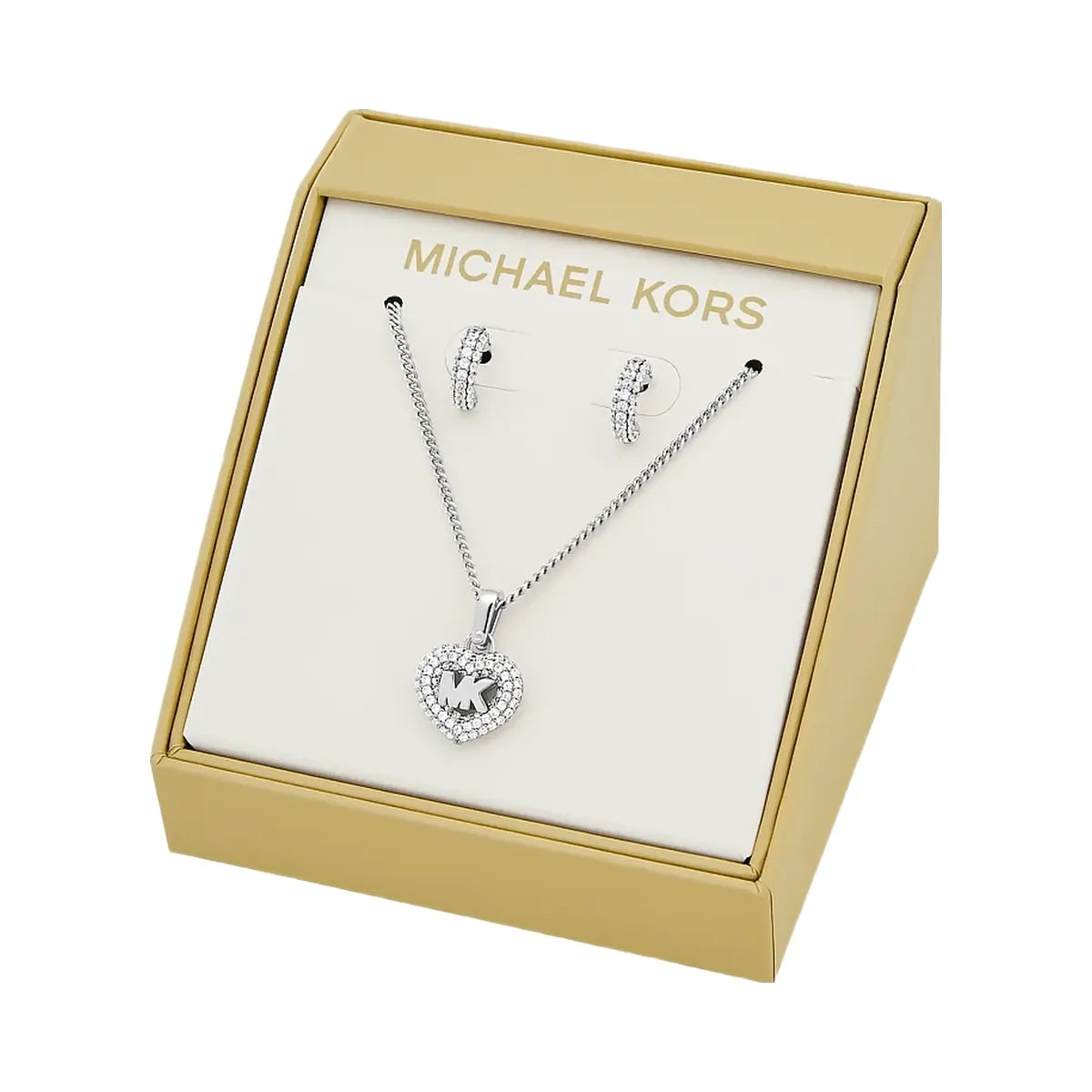 Michael Kors Pavé Heart and Logo Necklace and Hoop Earrings Jewelry Gift Set Silver