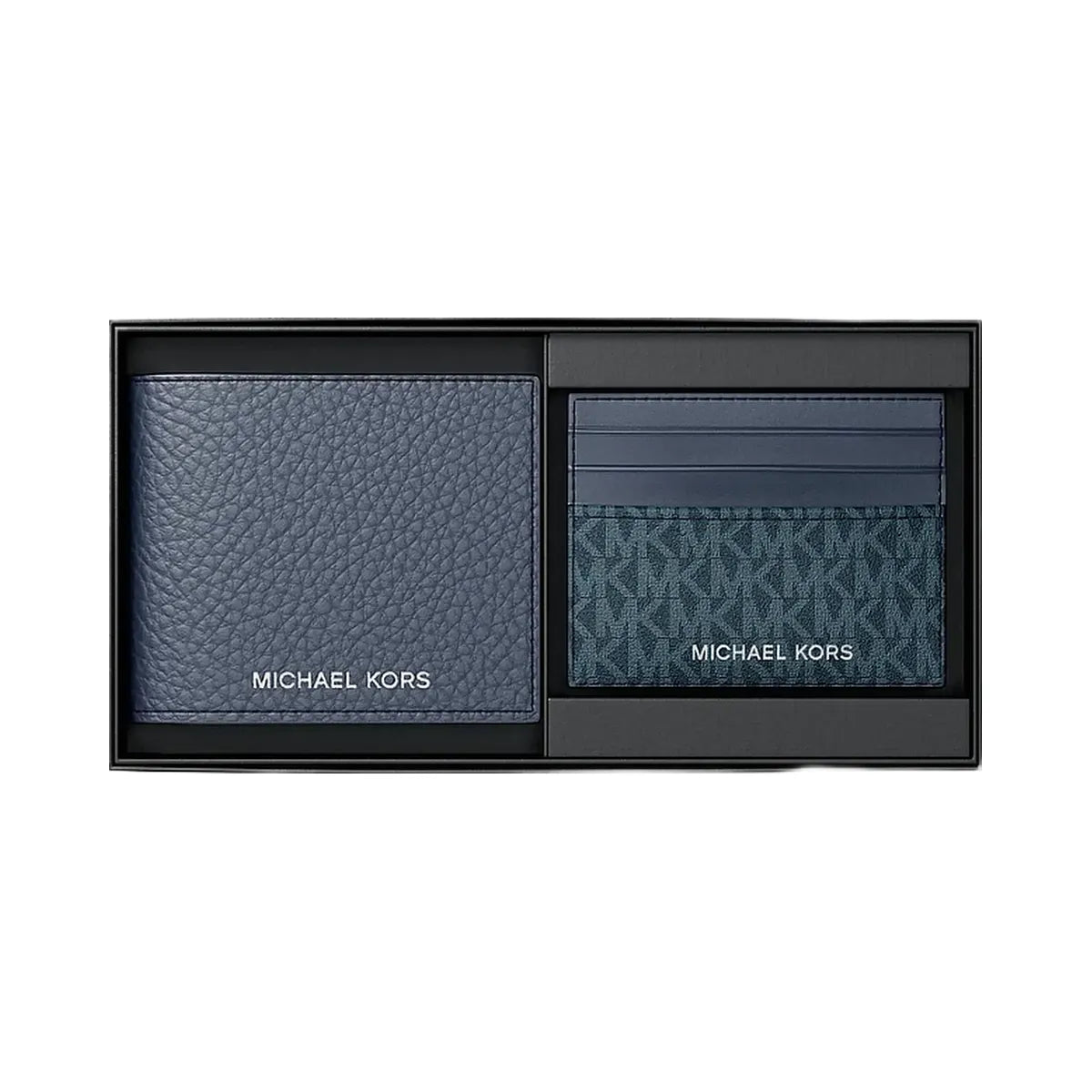 Michael Kors Pebbled Leather Billfold Wallet and Signature Logo Card Case Gift Set Navy