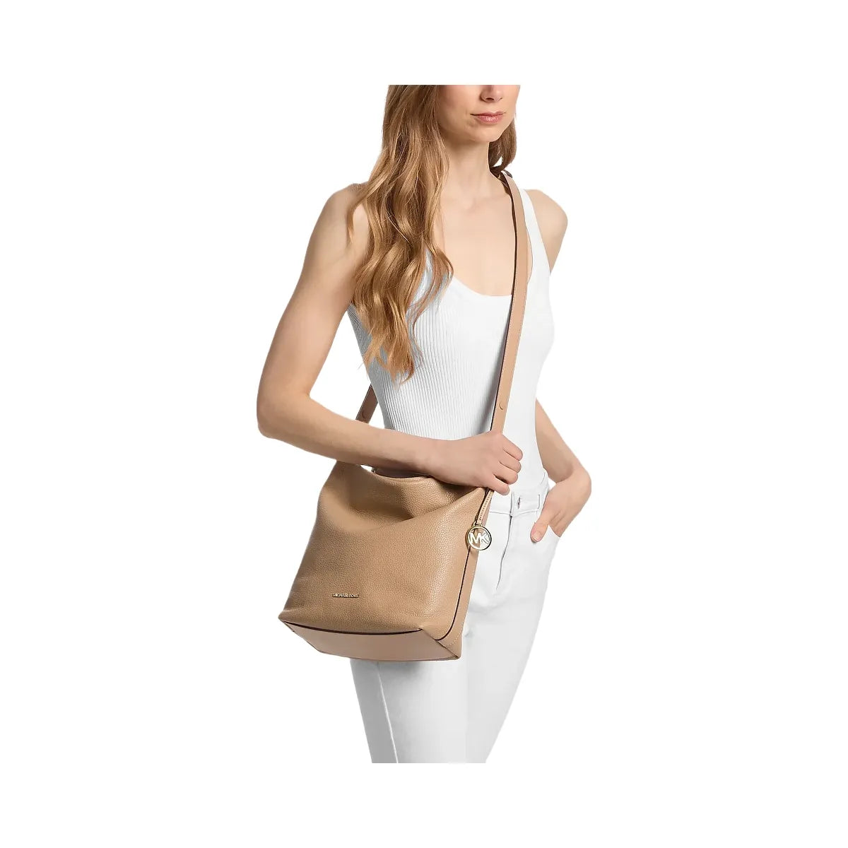 Michael Kors Roey Medium Pebbled Leather Bucket Messenger Bag Camel