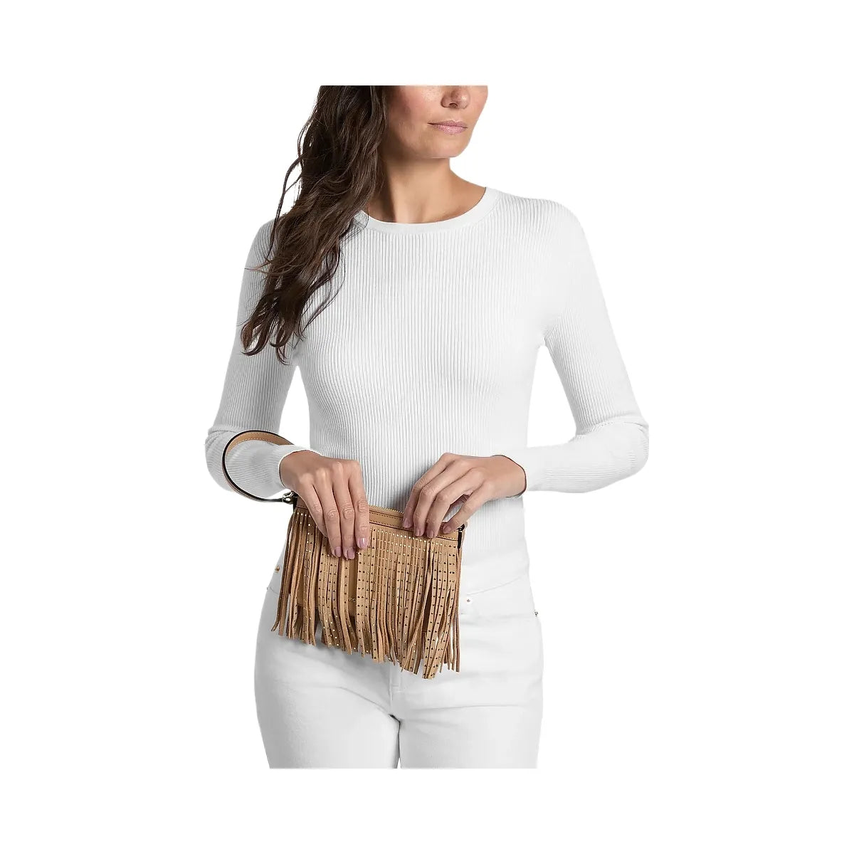 Michael Kors Studded Fringed Polyester Microsuede Wristlet Camel