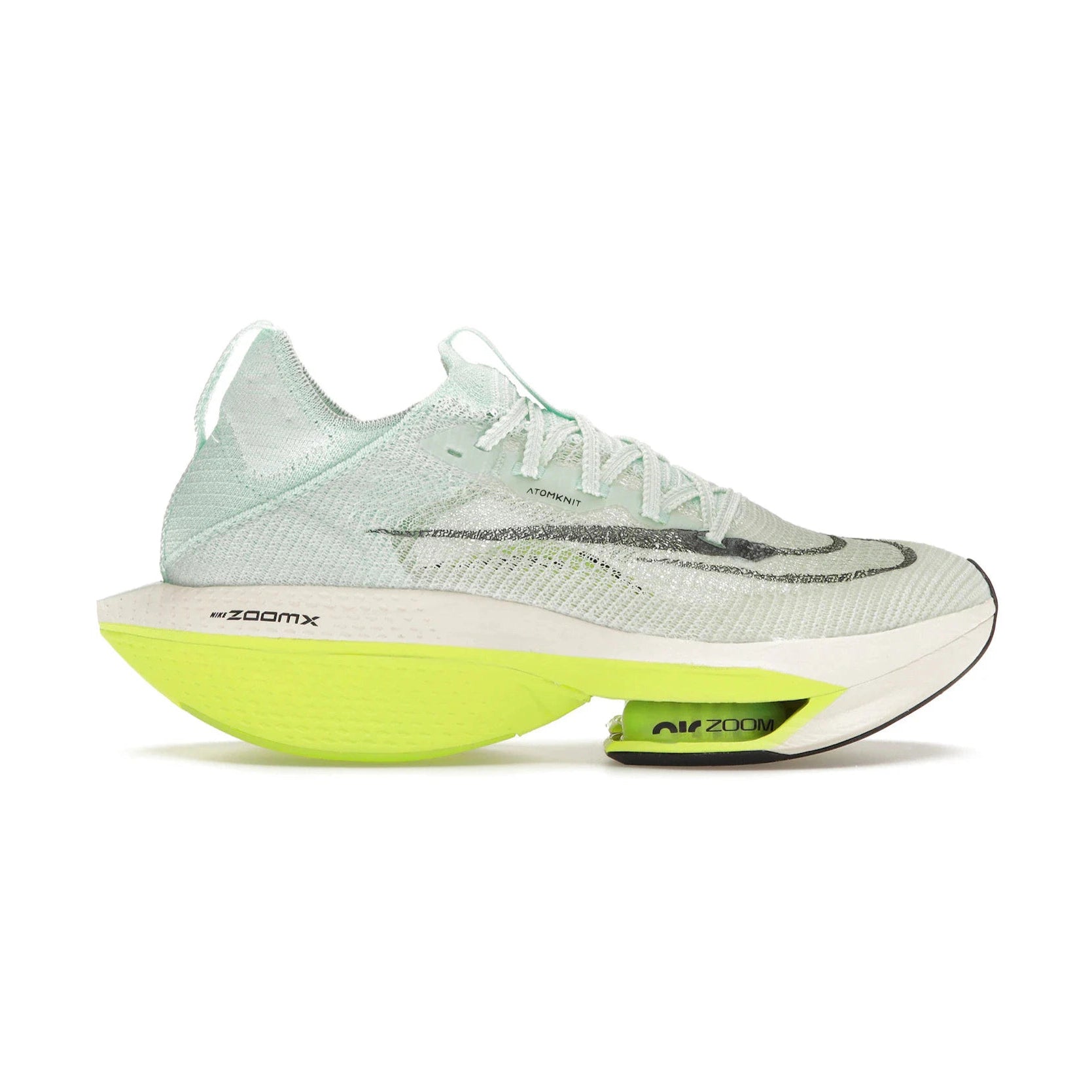 Mint green running sneaker with mesh upper and neon yellow sole, side profile