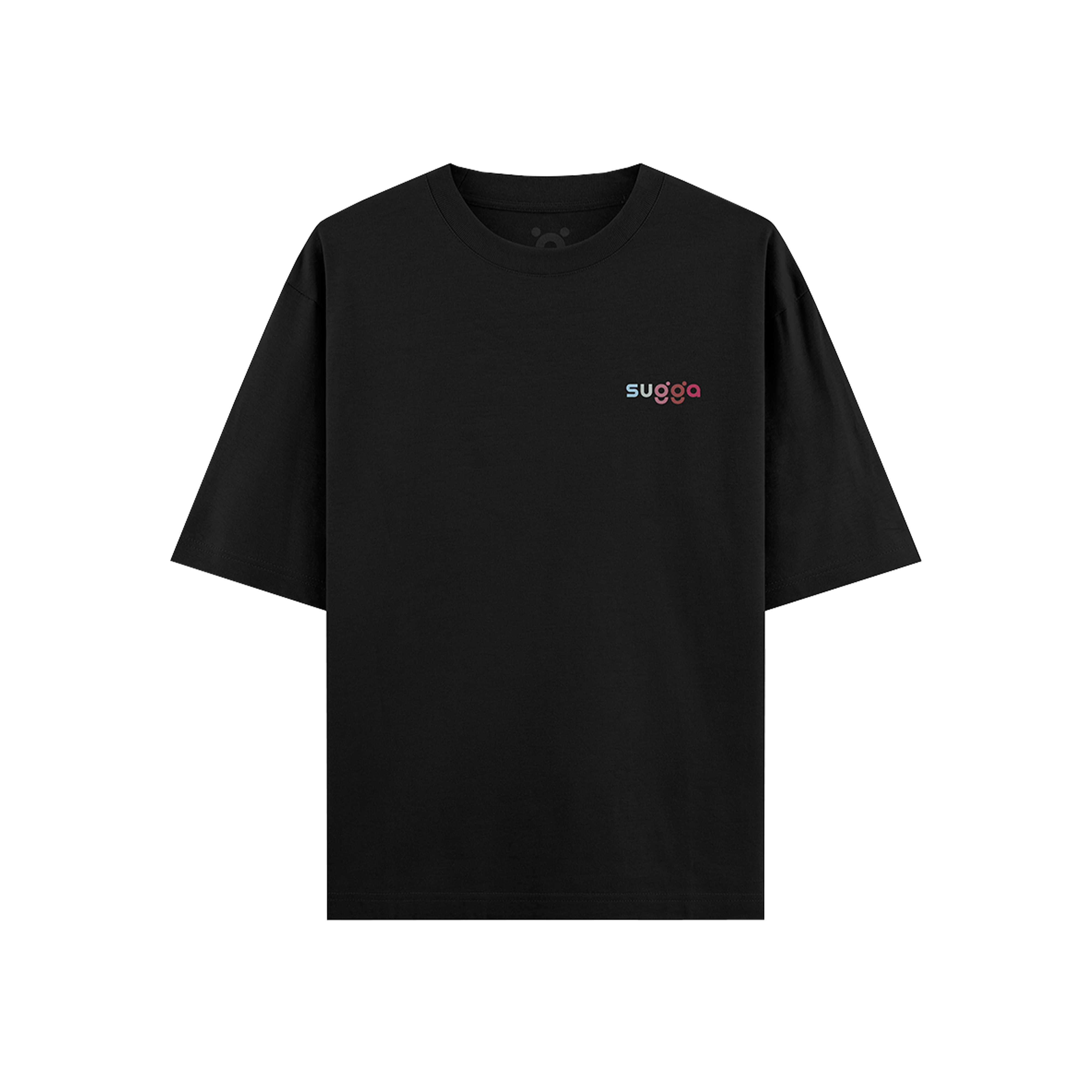 Black streetwear T-shirt with small 'sugga' text logo on front chest, short sleeves.