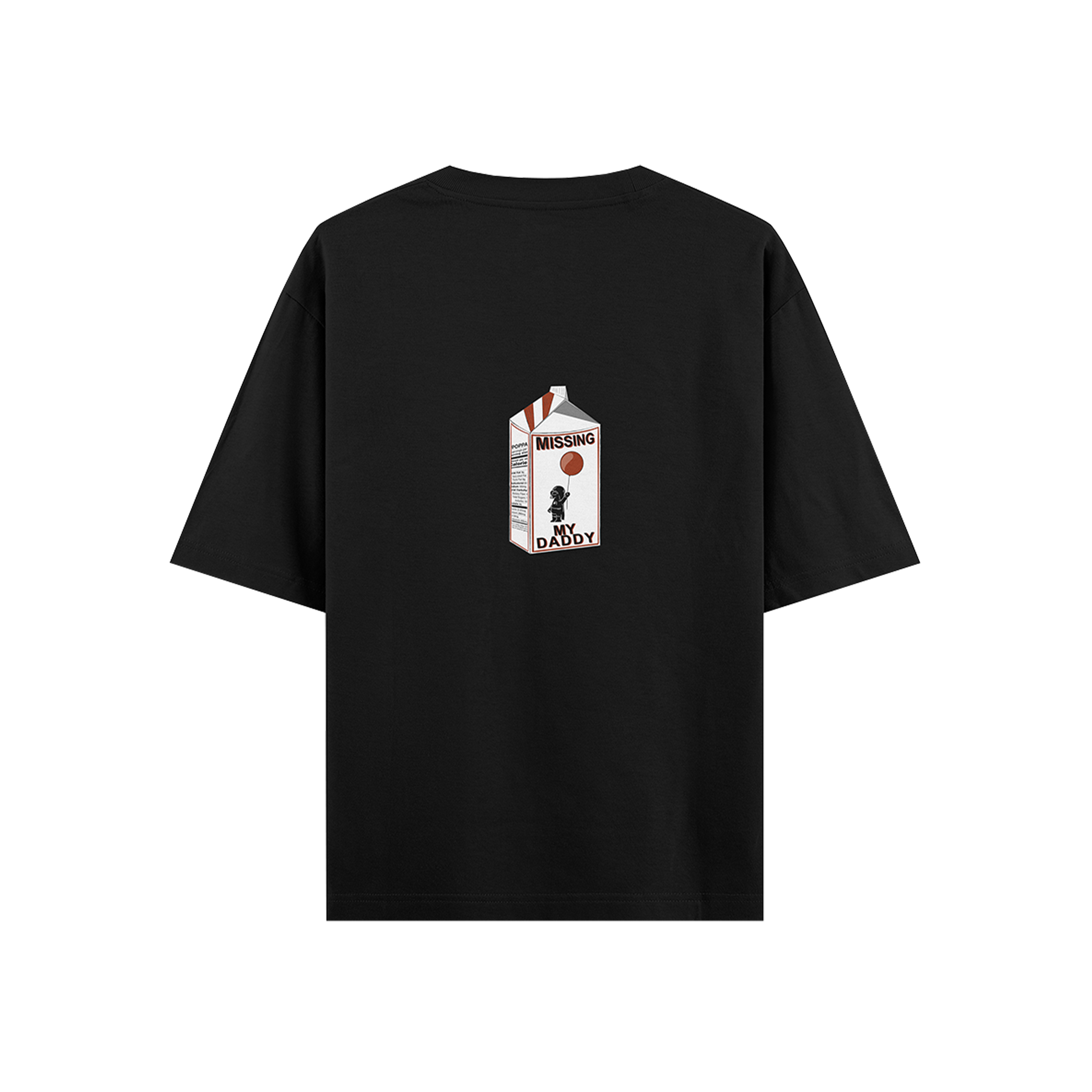 Black streetwear t-shirt with milk carton missing person graphic and 'Missing My Daddy' text