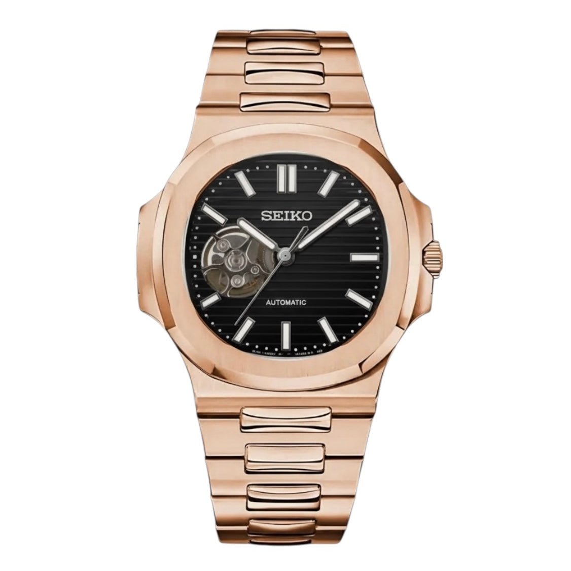 Seiko Mod Nautilus Rose Gold Black Open Heart