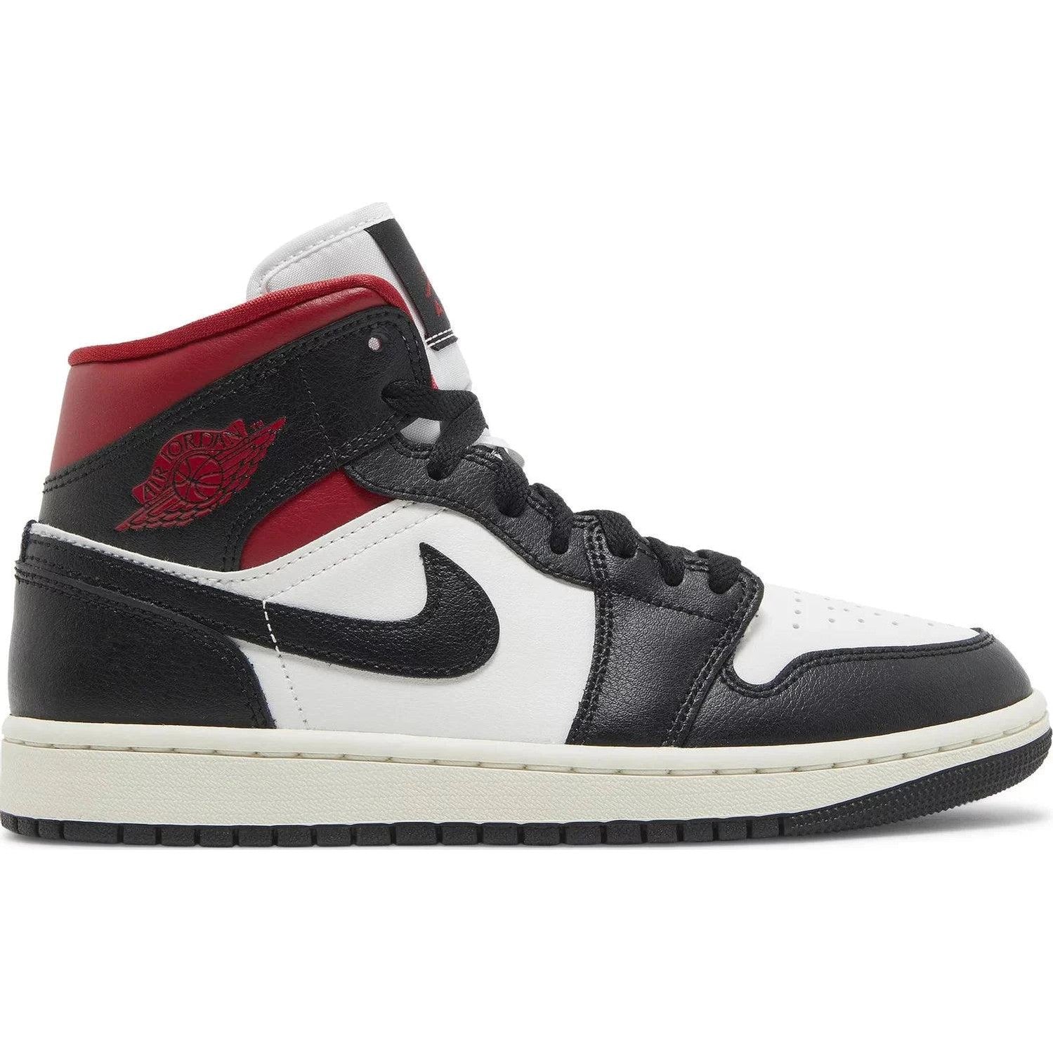 Air Jordan 1 Mid sneaker in black, white, and red leather, side profile view