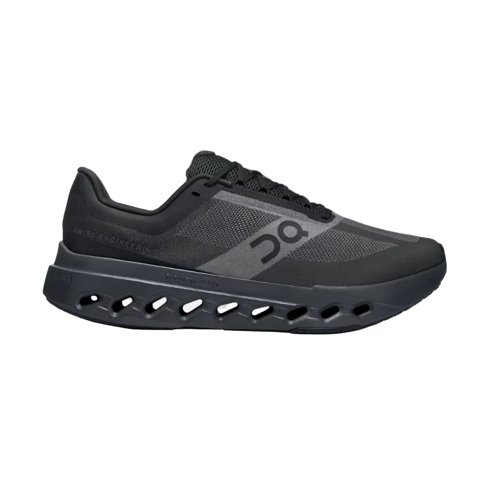 Black On running sneaker with mesh upper and ventilated sole, side profile view