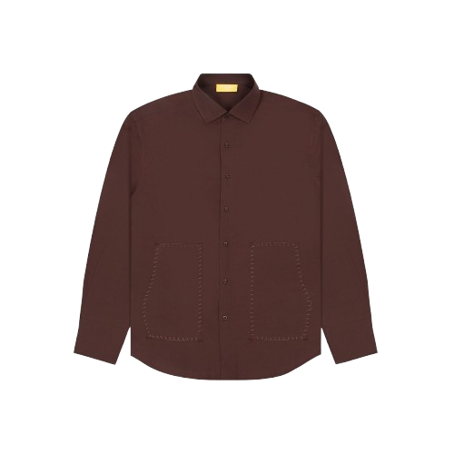 Brown long sleeve button-up shirt with front pockets, minimalist streetwear style