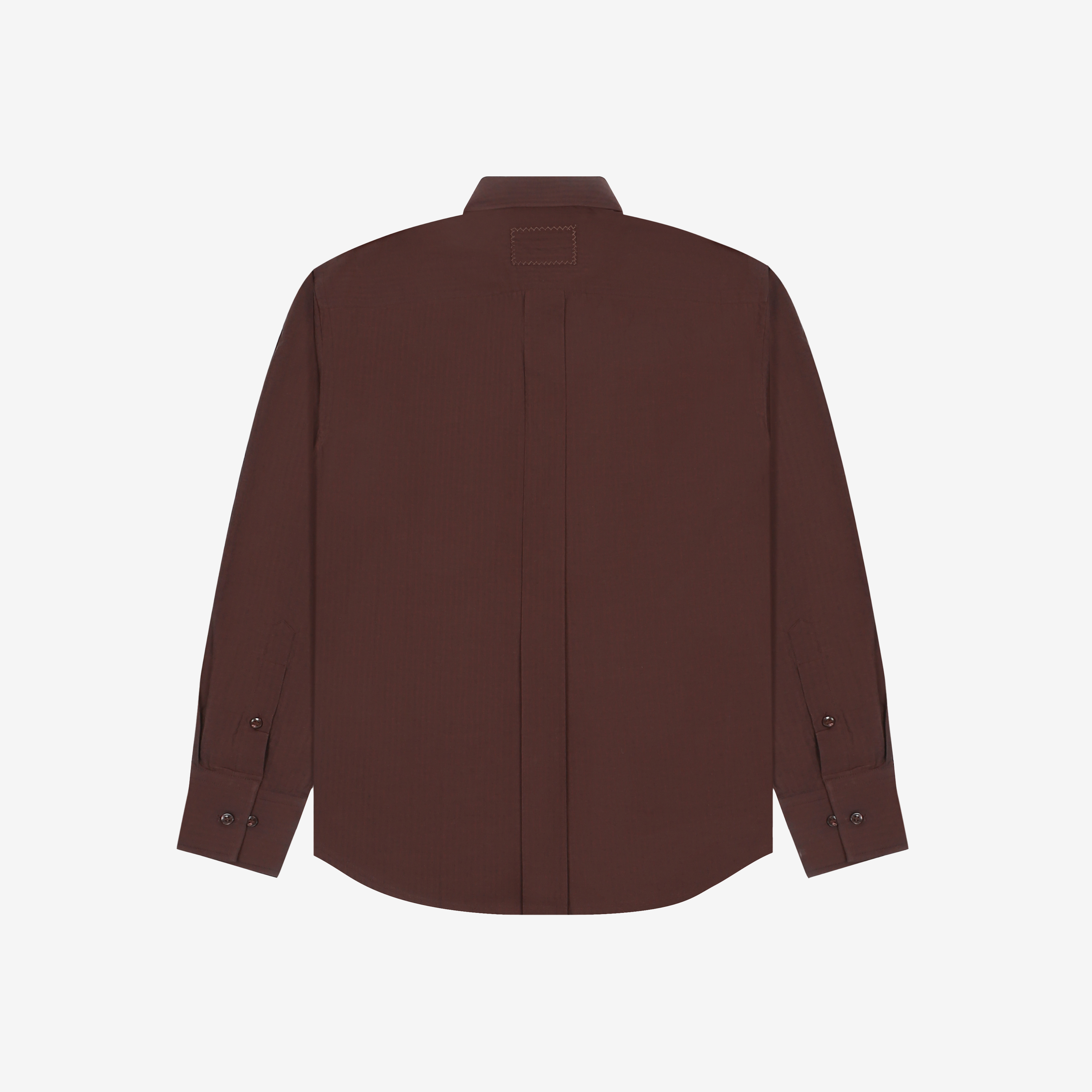 Back view of a brown long sleeve button-up shirt with cuff button detail on white background