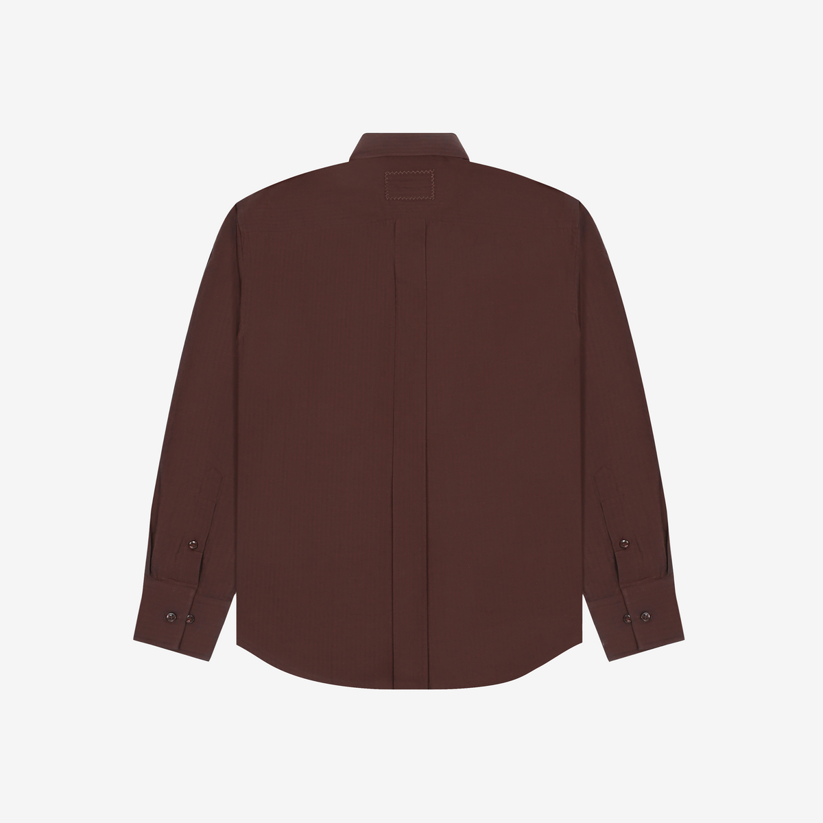 Brown long sleeve button-up shirt flat lay, streetwear style, back view