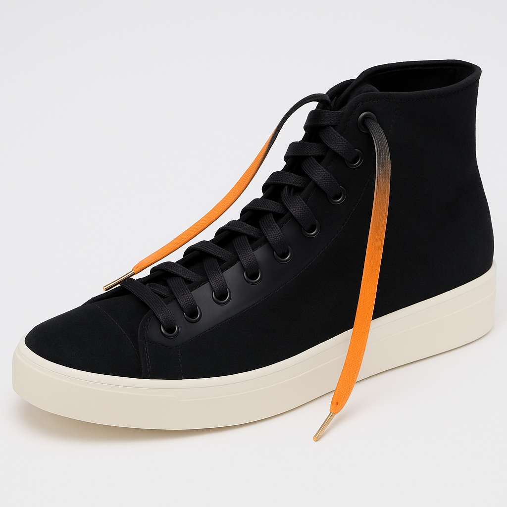 Black high tops worn with Gradient Shoelaces that go from deep black to vibrant orange shown in a white background
