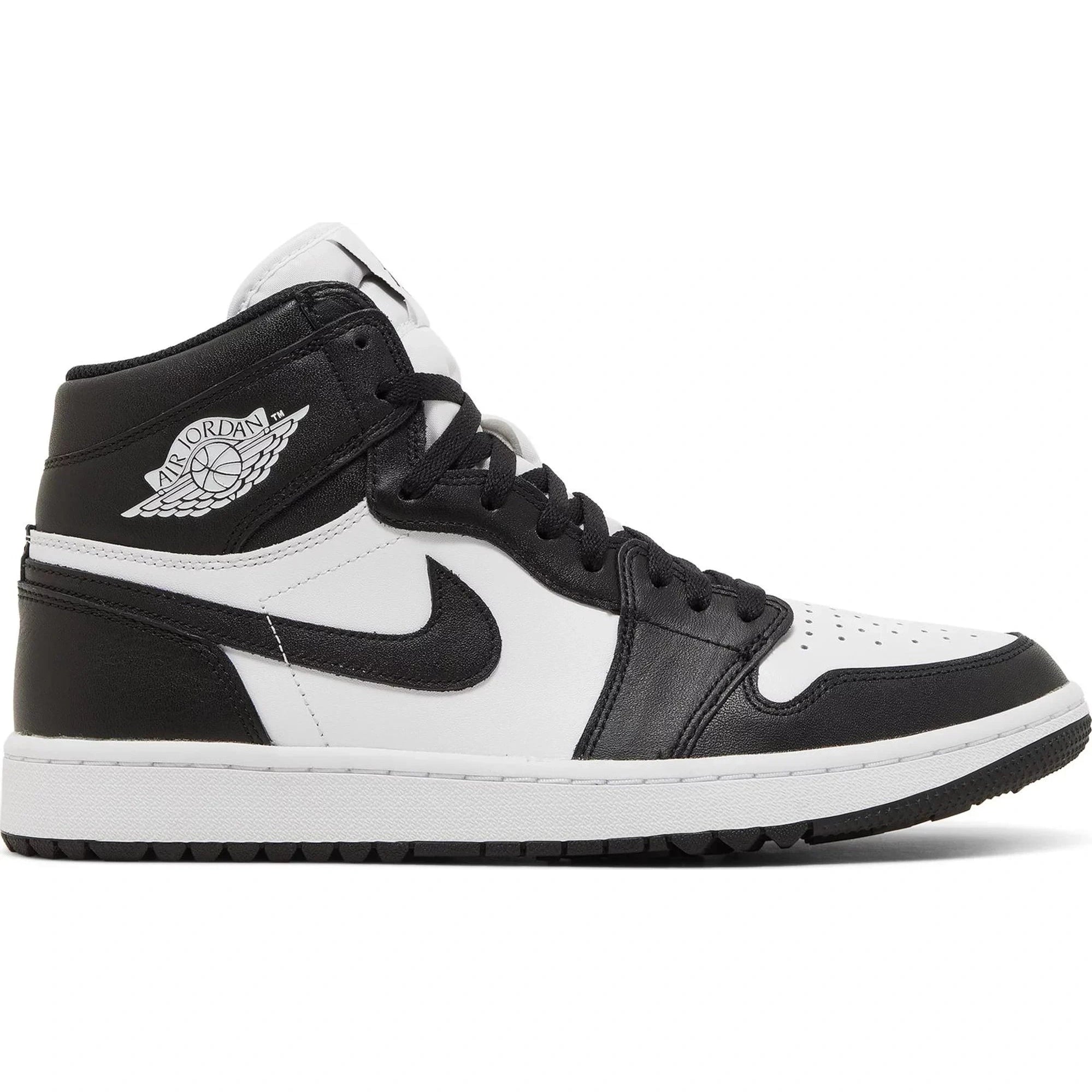 Black and white high-top sneaker with Nike swoosh and Air Jordan logo, streetwear footwear