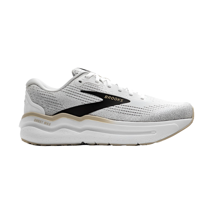 White and grey Brooks running shoe with black logo, textured mesh upper, and cushioned sole