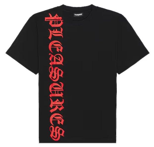 Black streetwear t-shirt with bold red gothic vertical lettering down the front