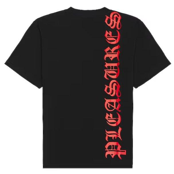 Black streetwear t-shirt with bold red gothic vertical text graphic on the back