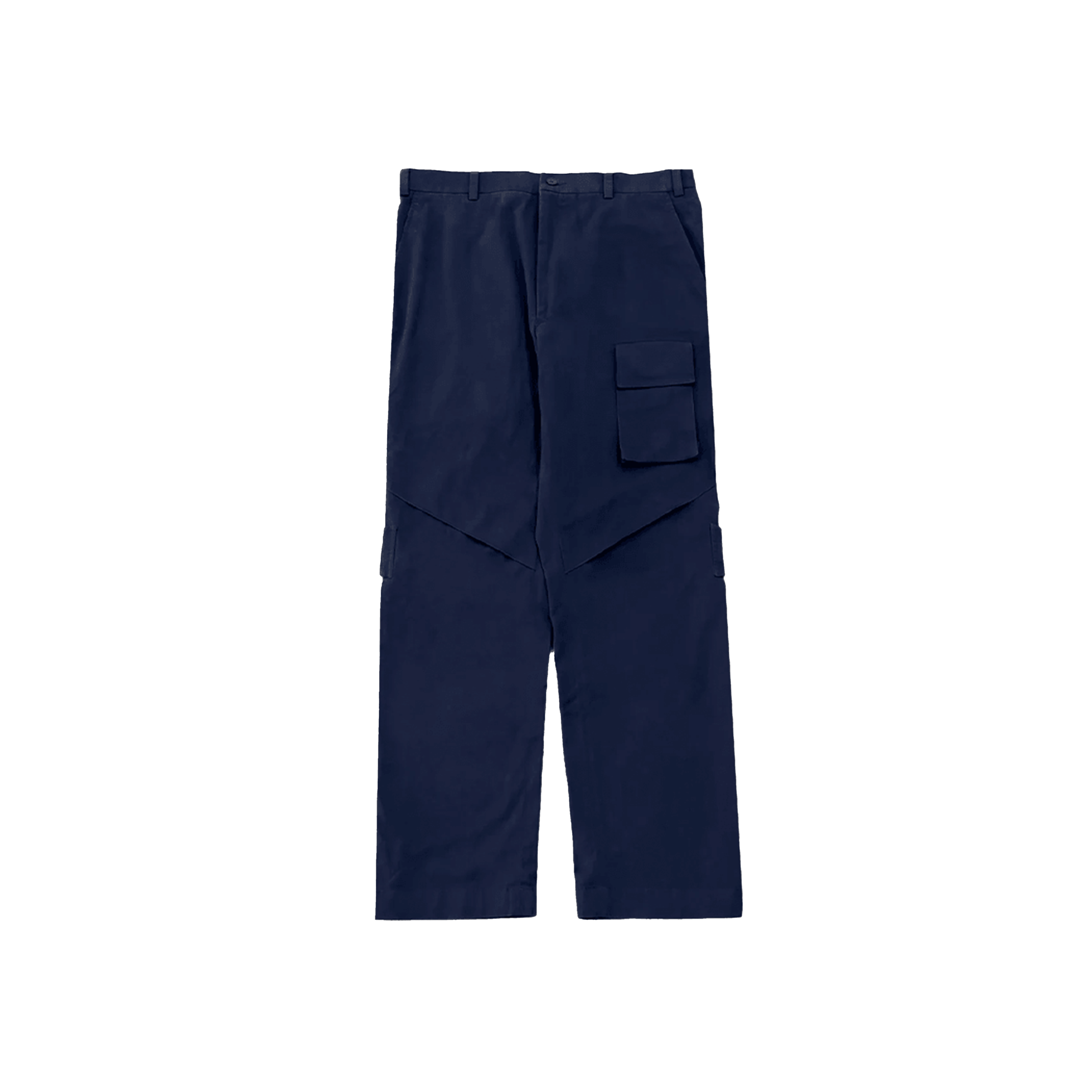 Navy blue pleated knee cargo pants with flap side pockets, streetwear style