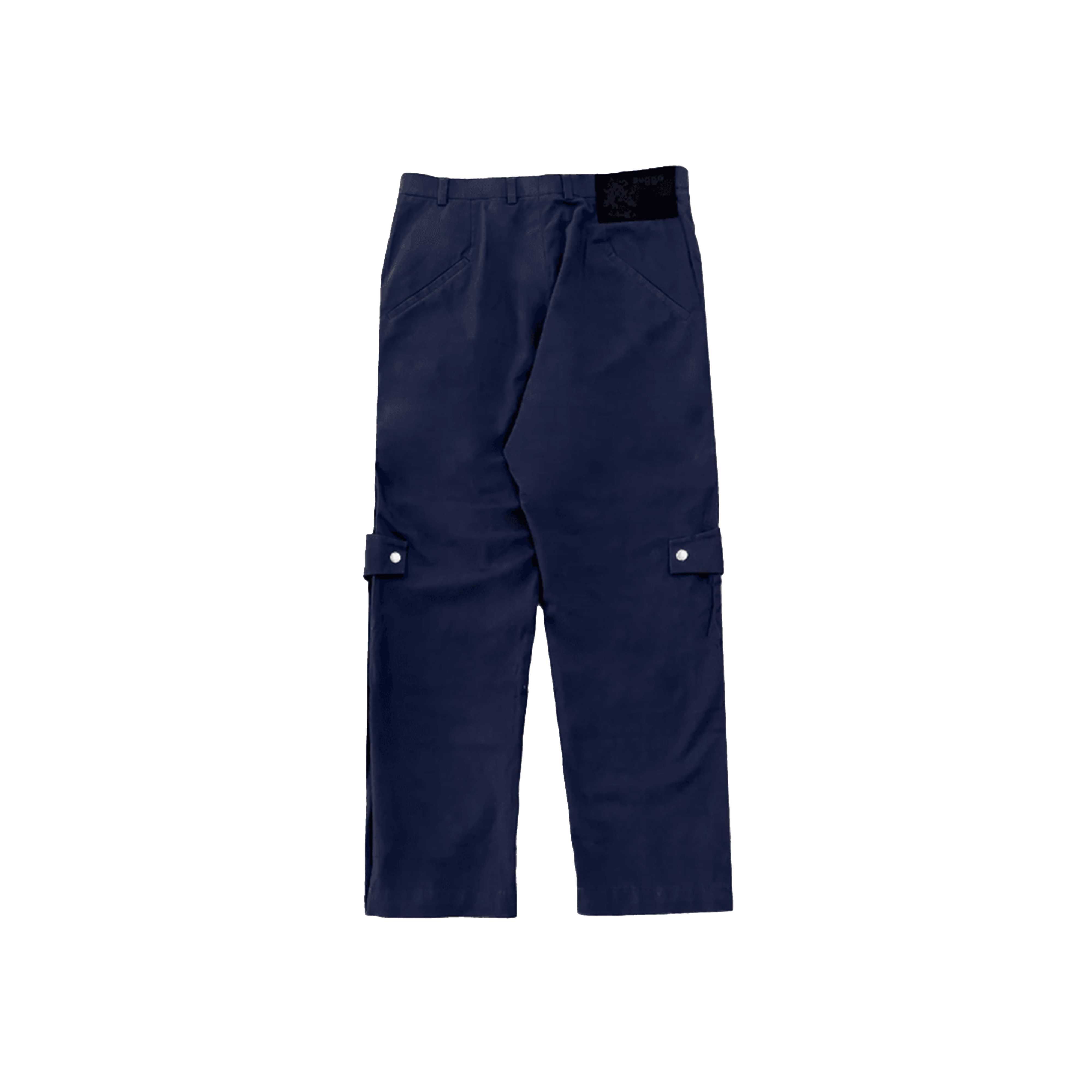 Navy blue pleated knee cargo pants with side flap pockets, streetwear style