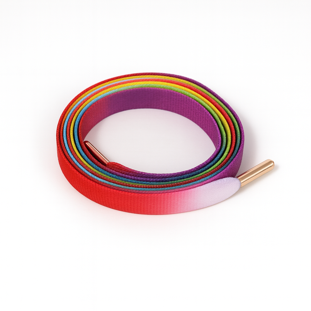 Multicolored Gradient shoelace with metallic eyelets on a white background