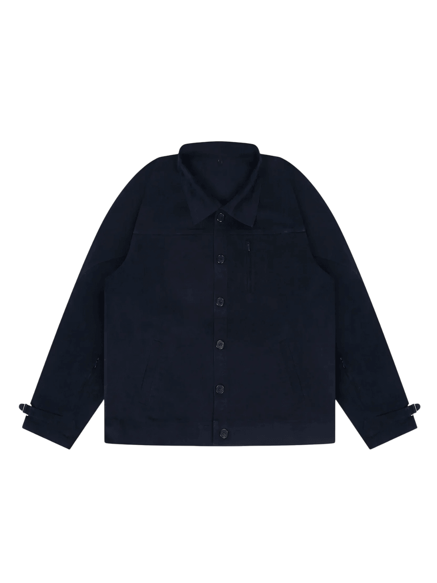 Dark navy button-up streetwear jacket with spread collar and adjustable cuffs on black background