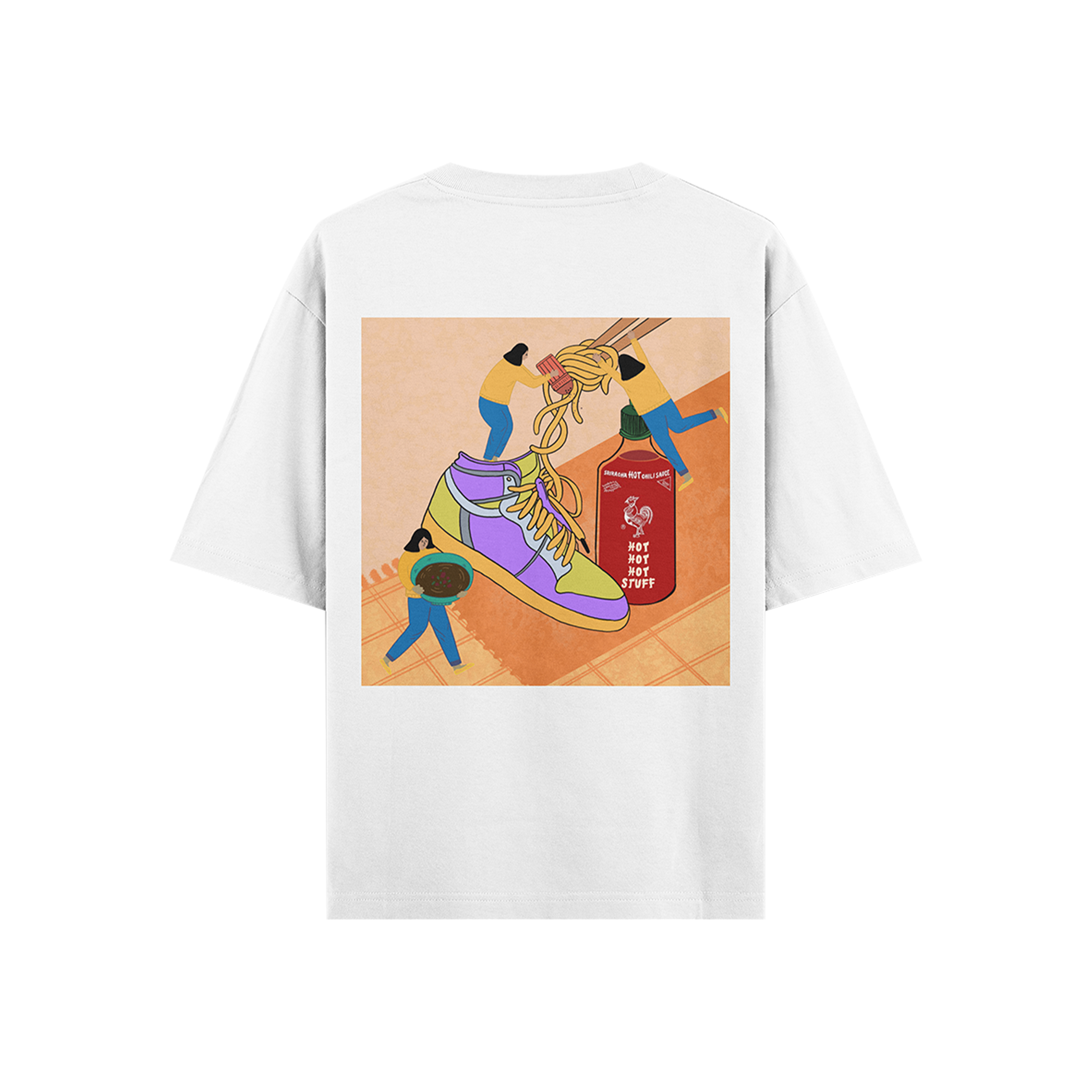 White streetwear t-shirt with graphic of pastel sneaker, sriracha bottle, and cartoon figures with noodles.