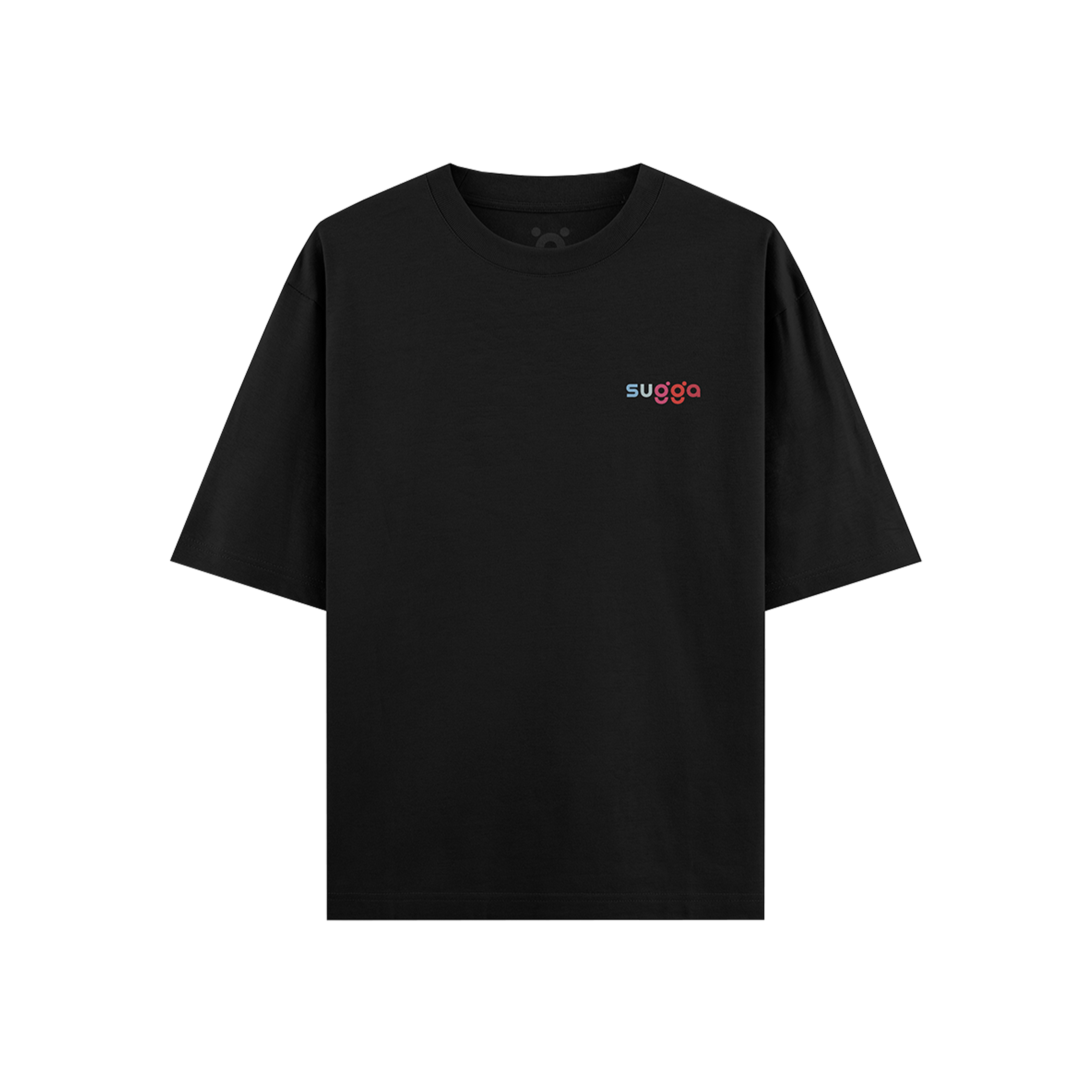 Black streetwear t-shirt with small red and blue 'sugga' logo on chest, minimalist design