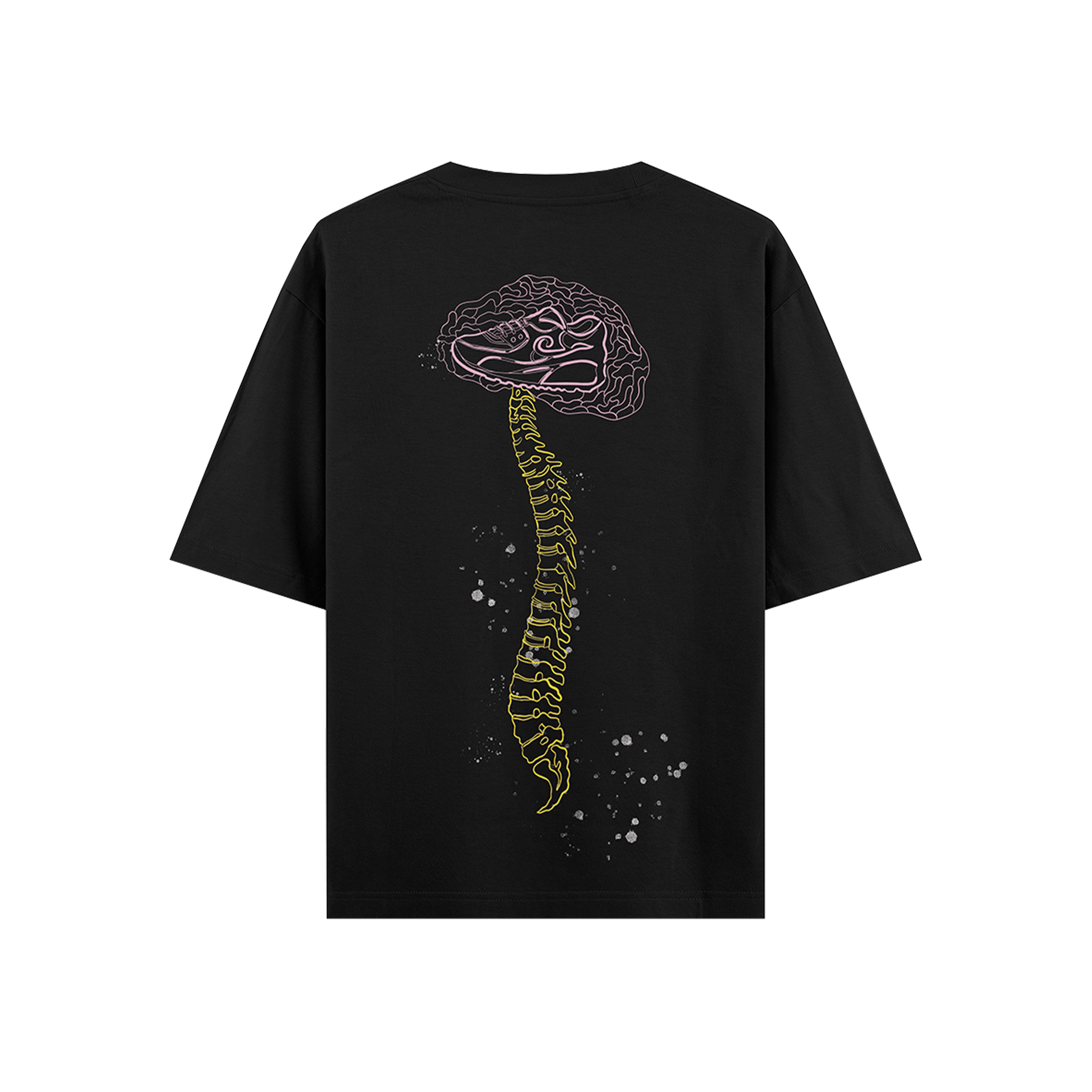 Black streetwear t-shirt with graphic brain, spine, and sneaker illustration on back