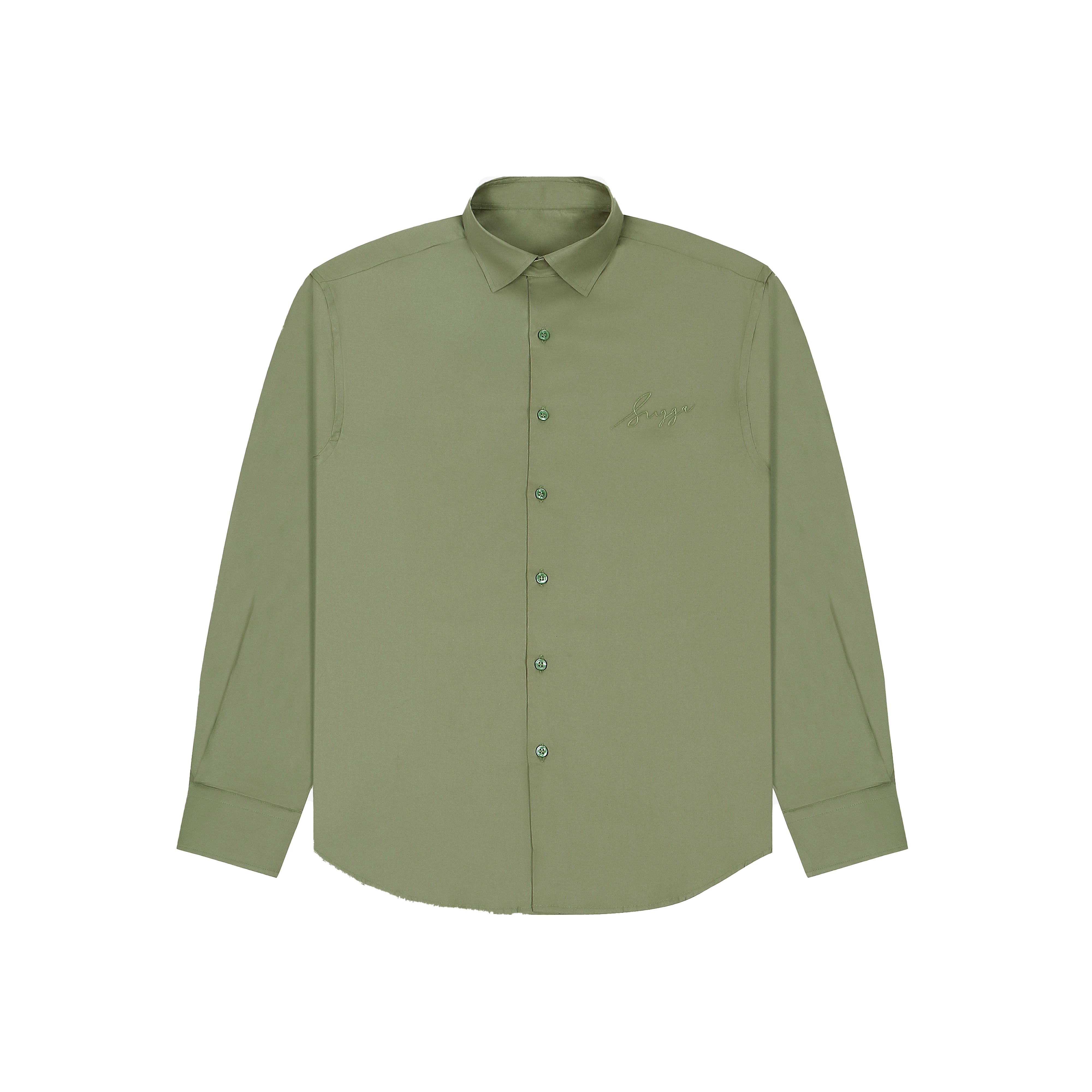 sage green solid button-up long sleeve shirt with subtle chest embroidery