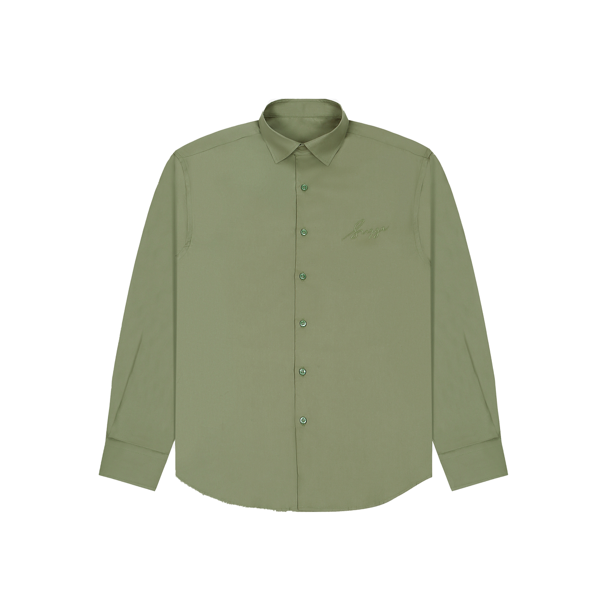 sage green solid button-up long sleeve shirt with subtle chest embroidery