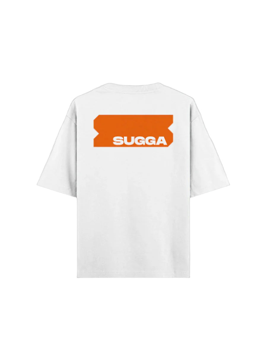 White streetwear t-shirt with bold orange graphic and 'SUGGA' text on back