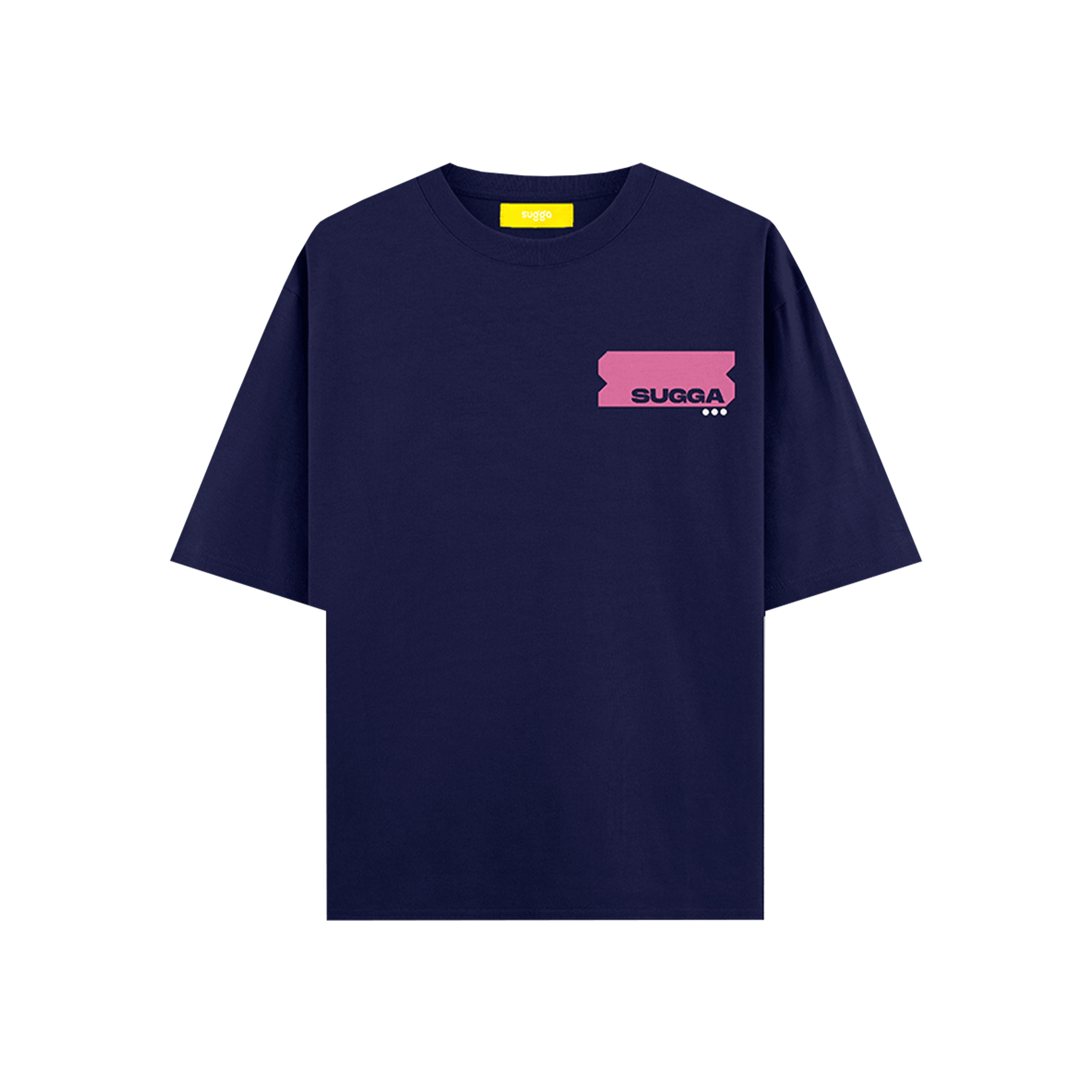 Navy blue streetwear t-shirt with pink SUGGA graphic on chest, short sleeves, modern fit