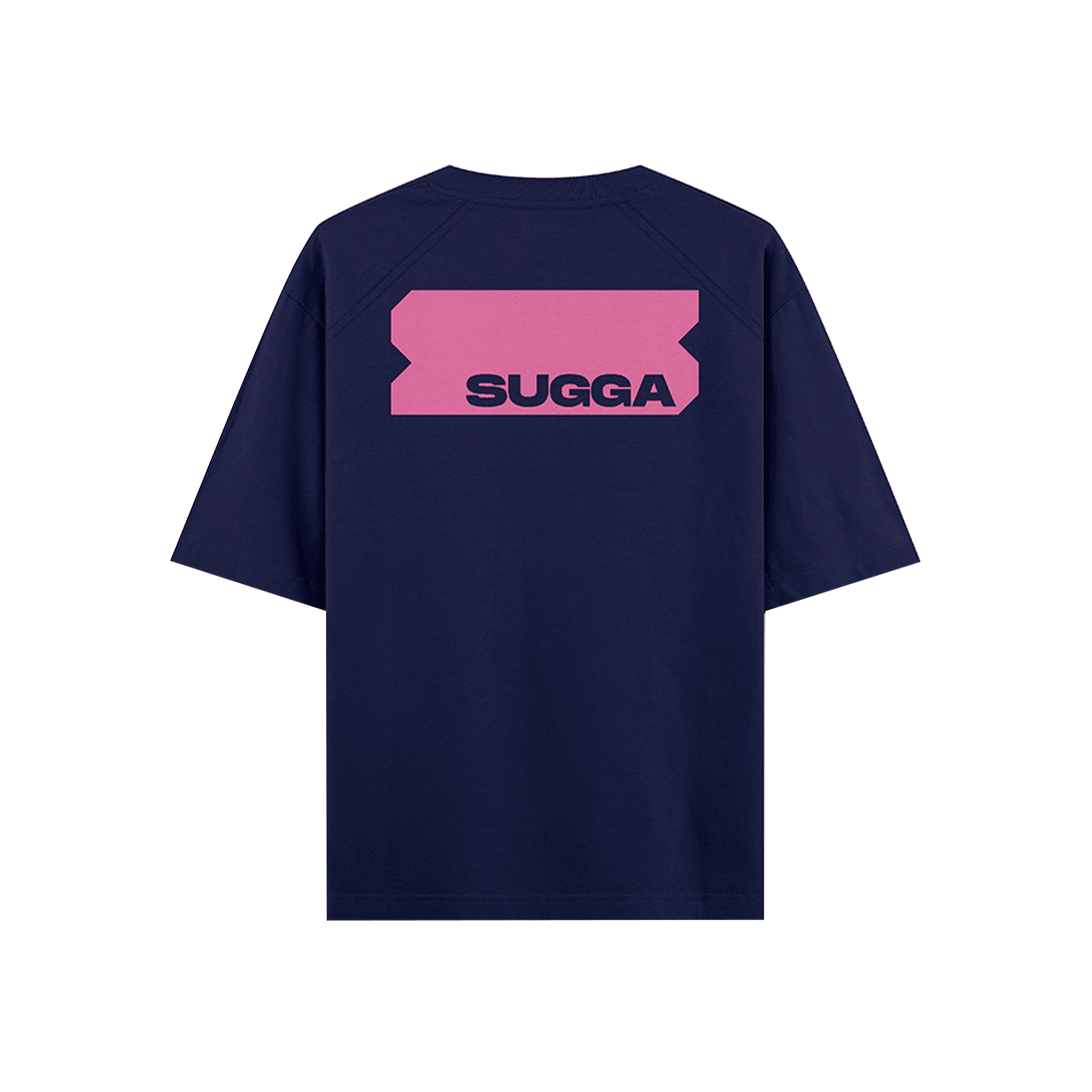 Navy blue streetwear t-shirt with pink ticket graphic and bold 'SUGGA' text on the back
