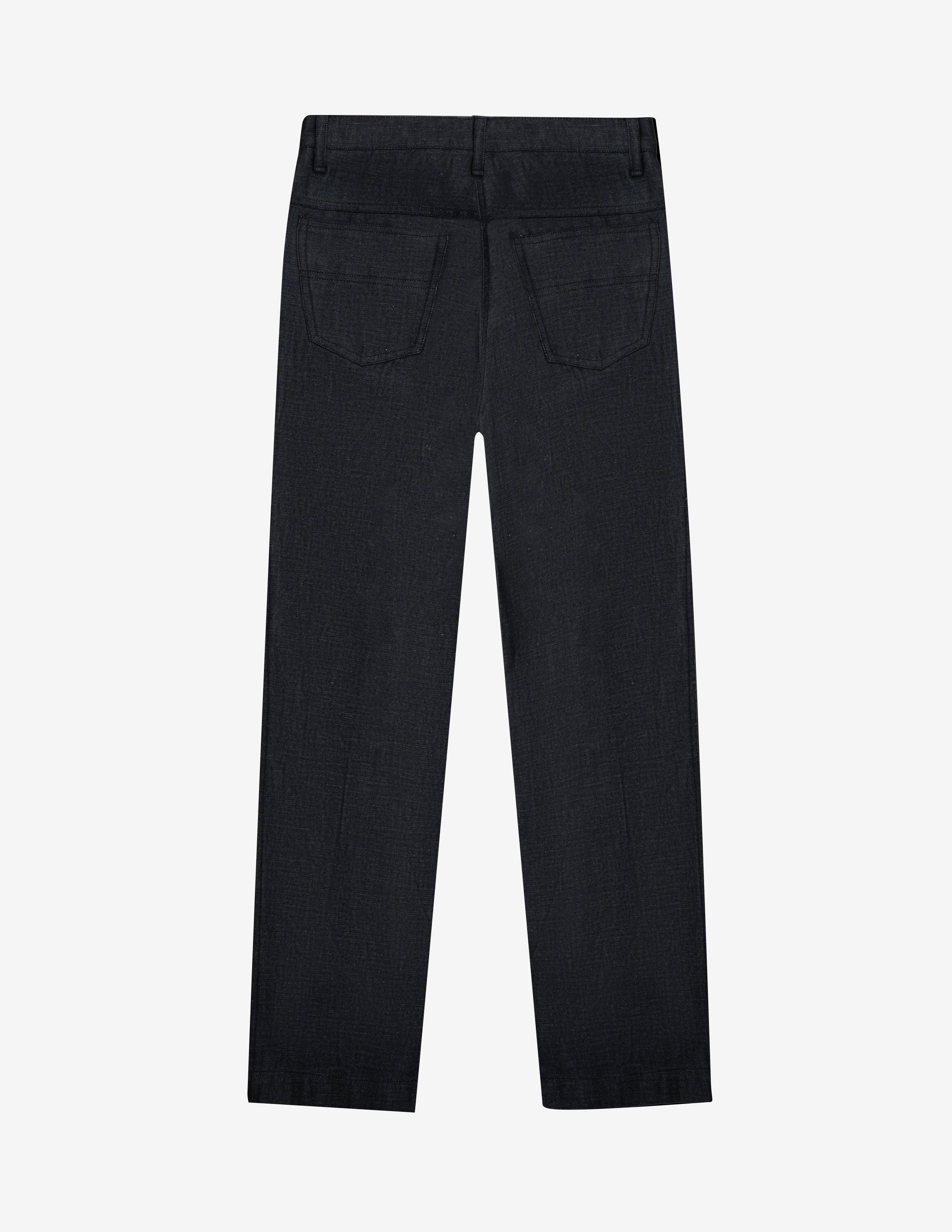 Back view of black straight-leg denim jeans with rear pockets on white background
