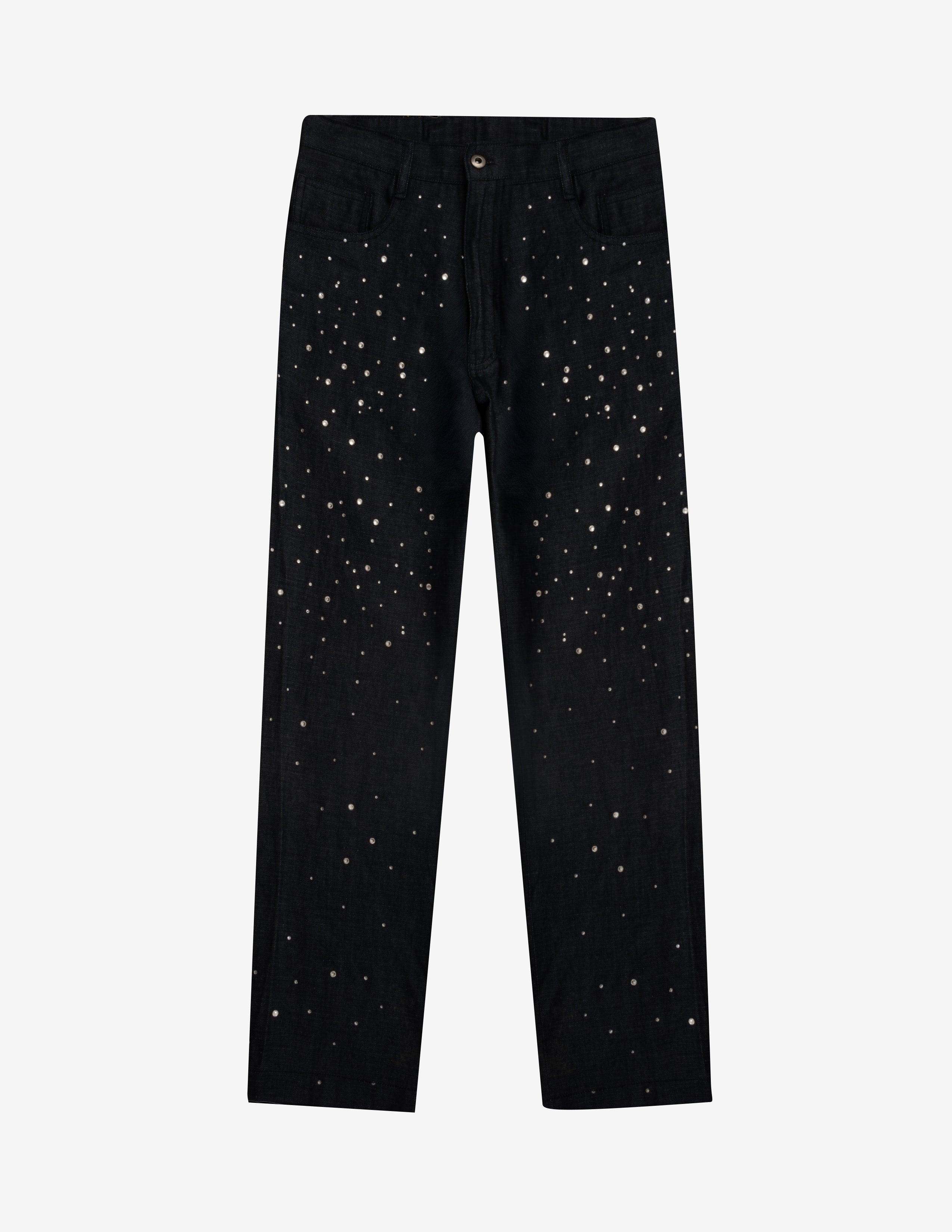 Black straight-leg jeans with silver star embellishments, streetwear denim style