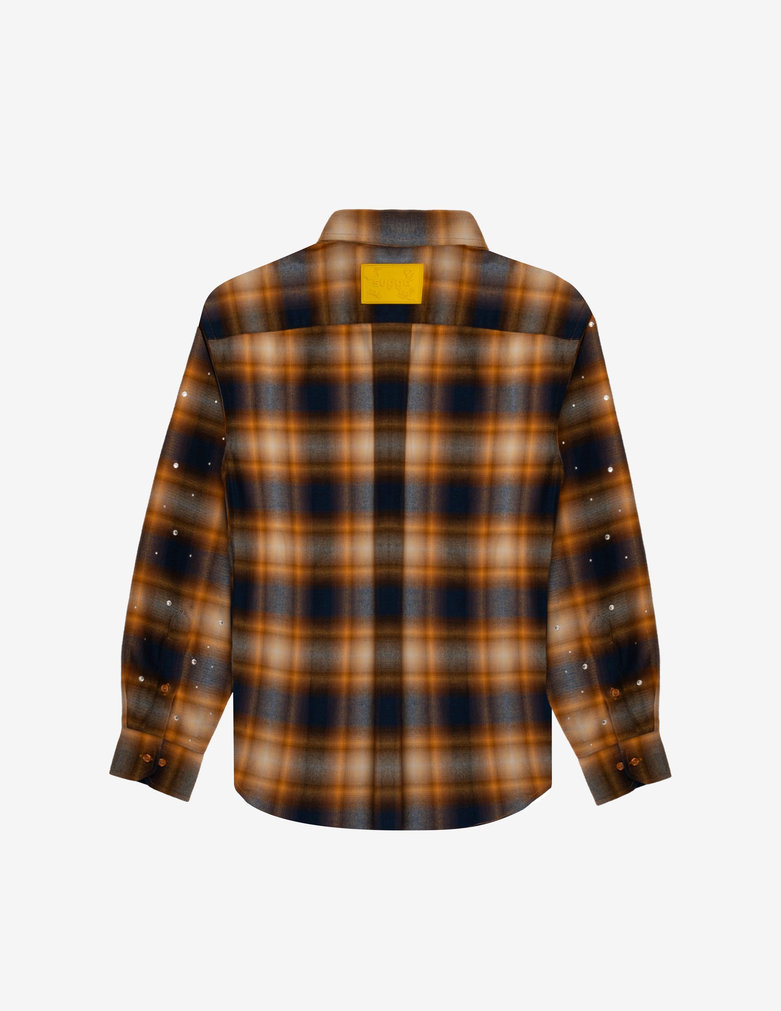 Brown and navy plaid overshirt with star stud details on sleeves, back view