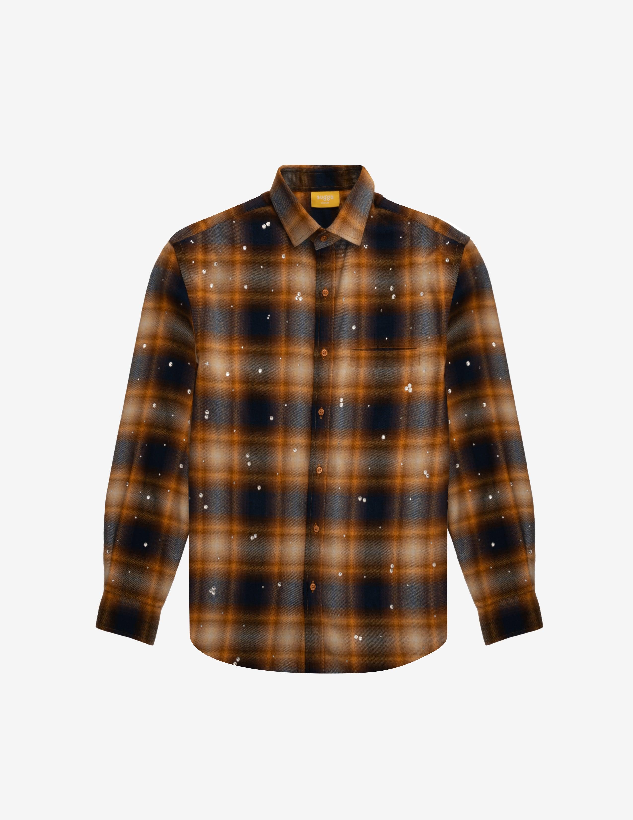Brown and navy plaid overshirt with starry speckle pattern, streetwear style.