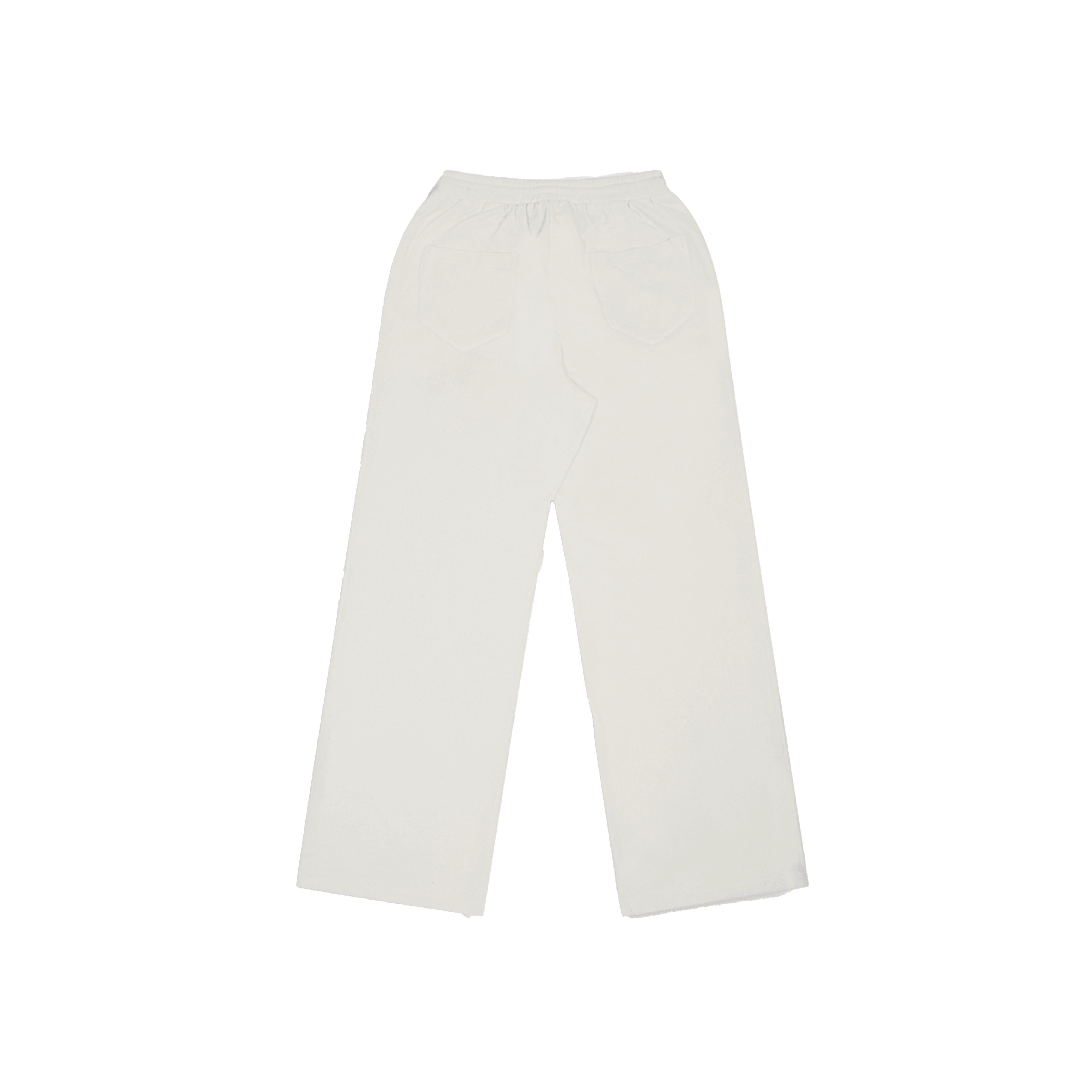 Back view of white streetwear sweatpants with elastic waistband and two rear pockets