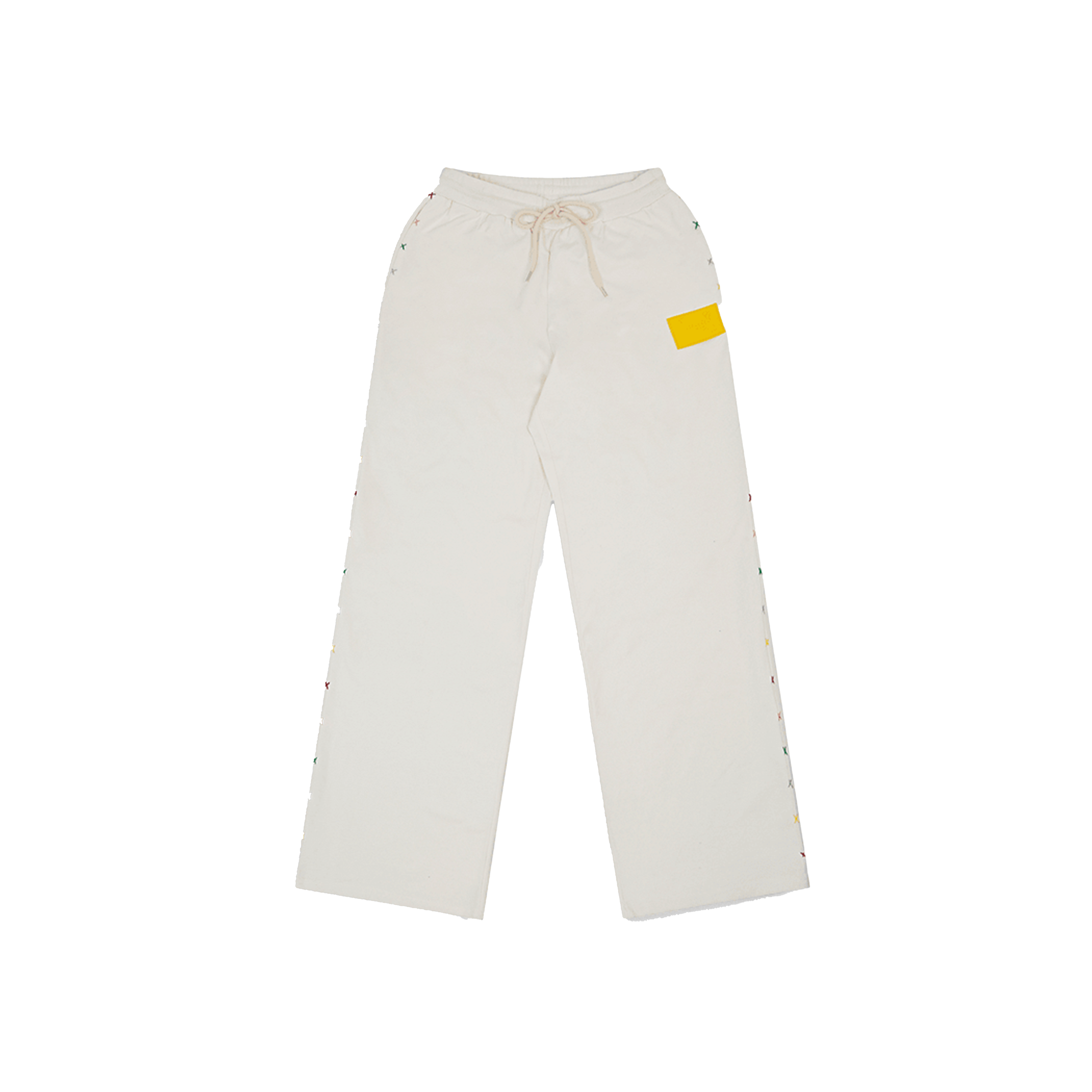 White streetwear sweatpants with drawstring waist, colorful side details, and yellow pocket patch