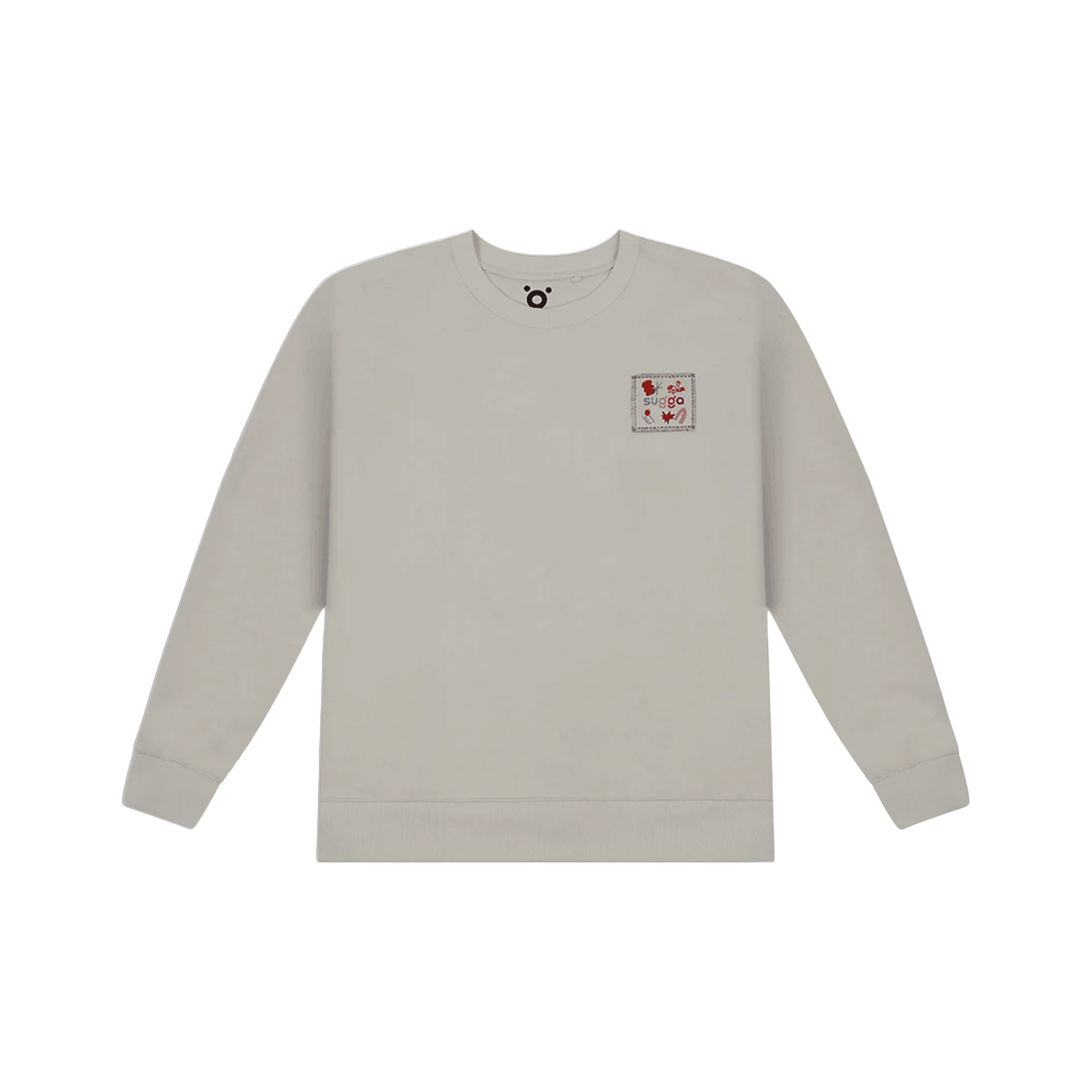 Beige crewneck sweatshirt with small graphic patch on chest, streetwear style
