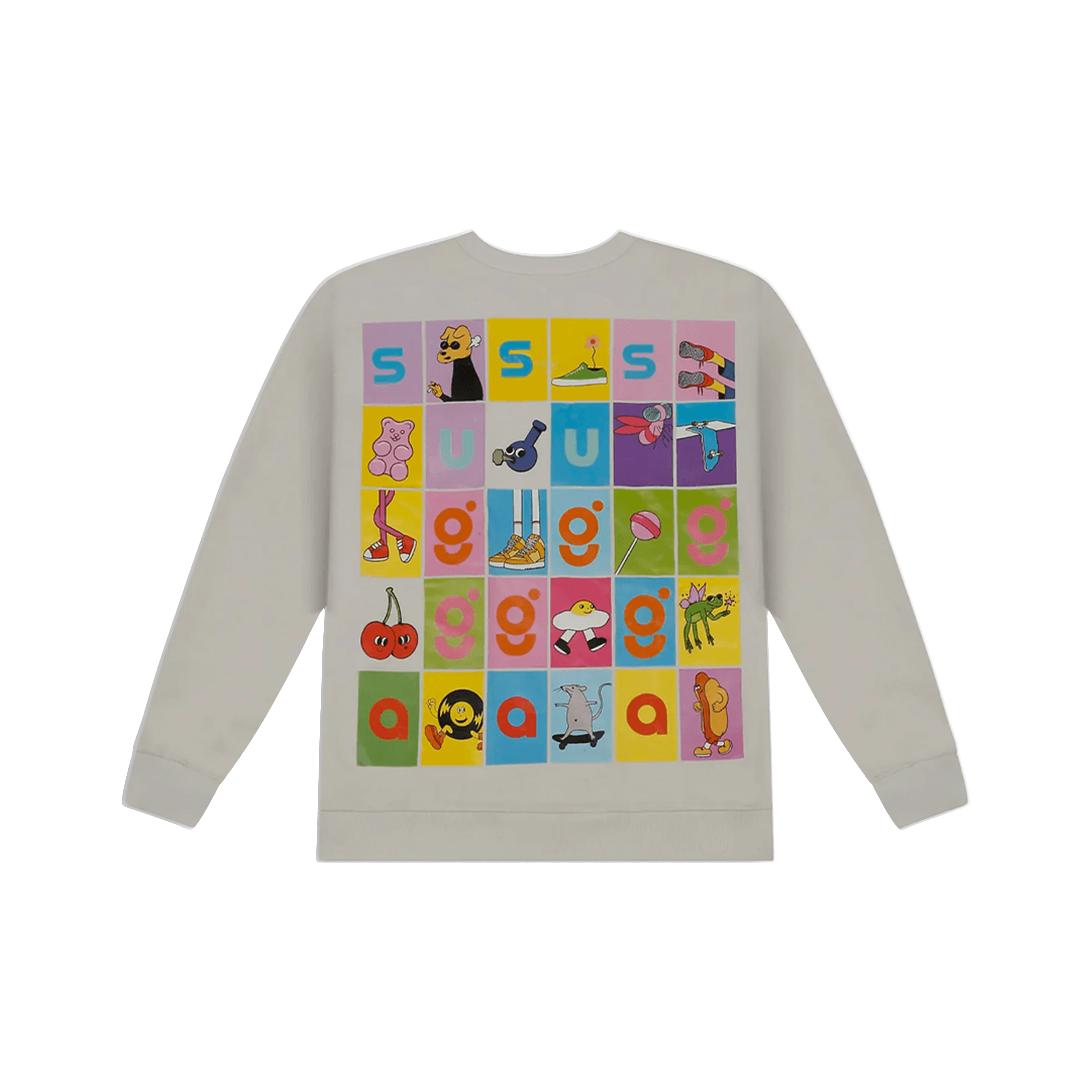 Beige streetwear sweatshirt with colorful cartoon and alphabet block graphic on the back.