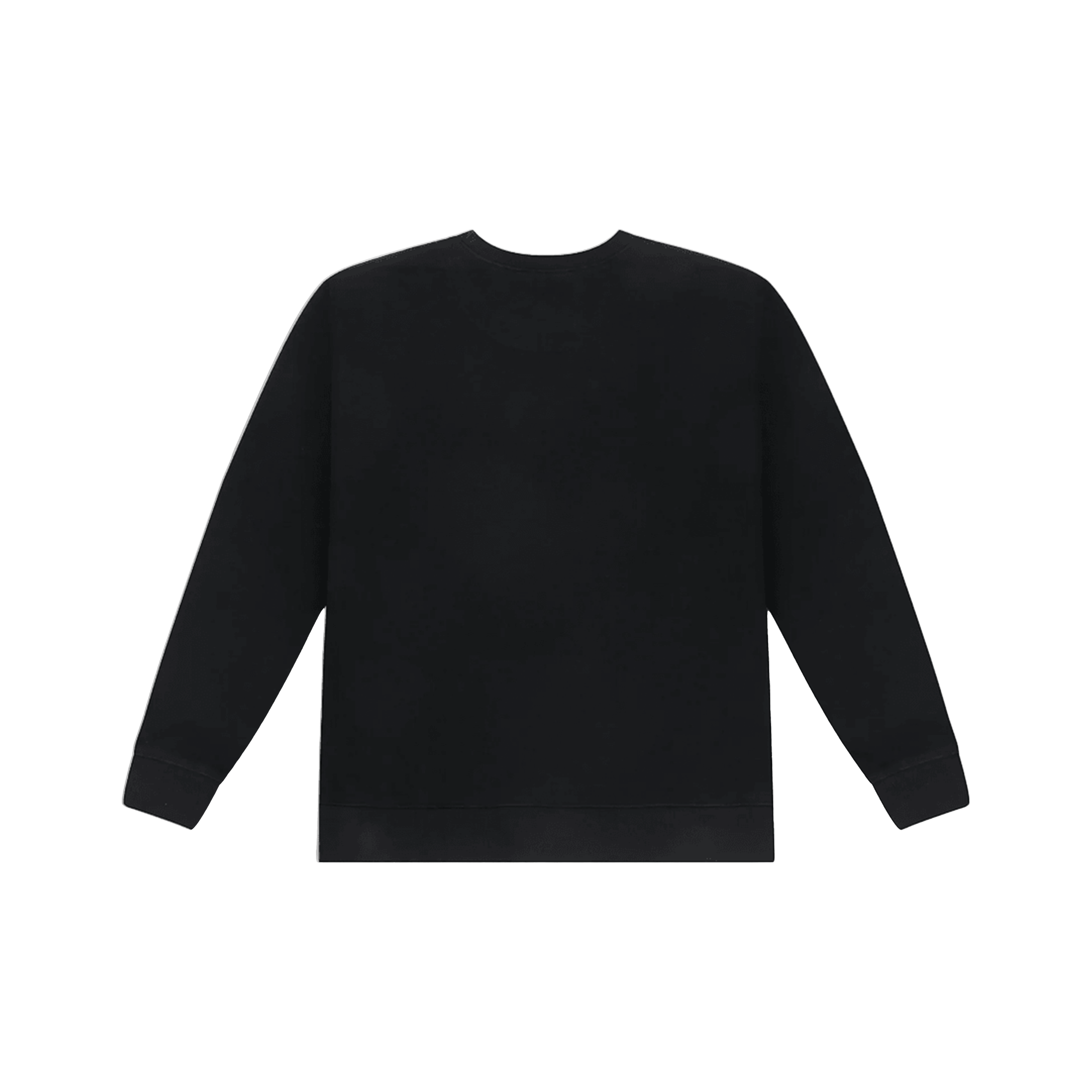 Black crewneck sweatshirt, plain back, streetwear fashion, long sleeves, casual style.