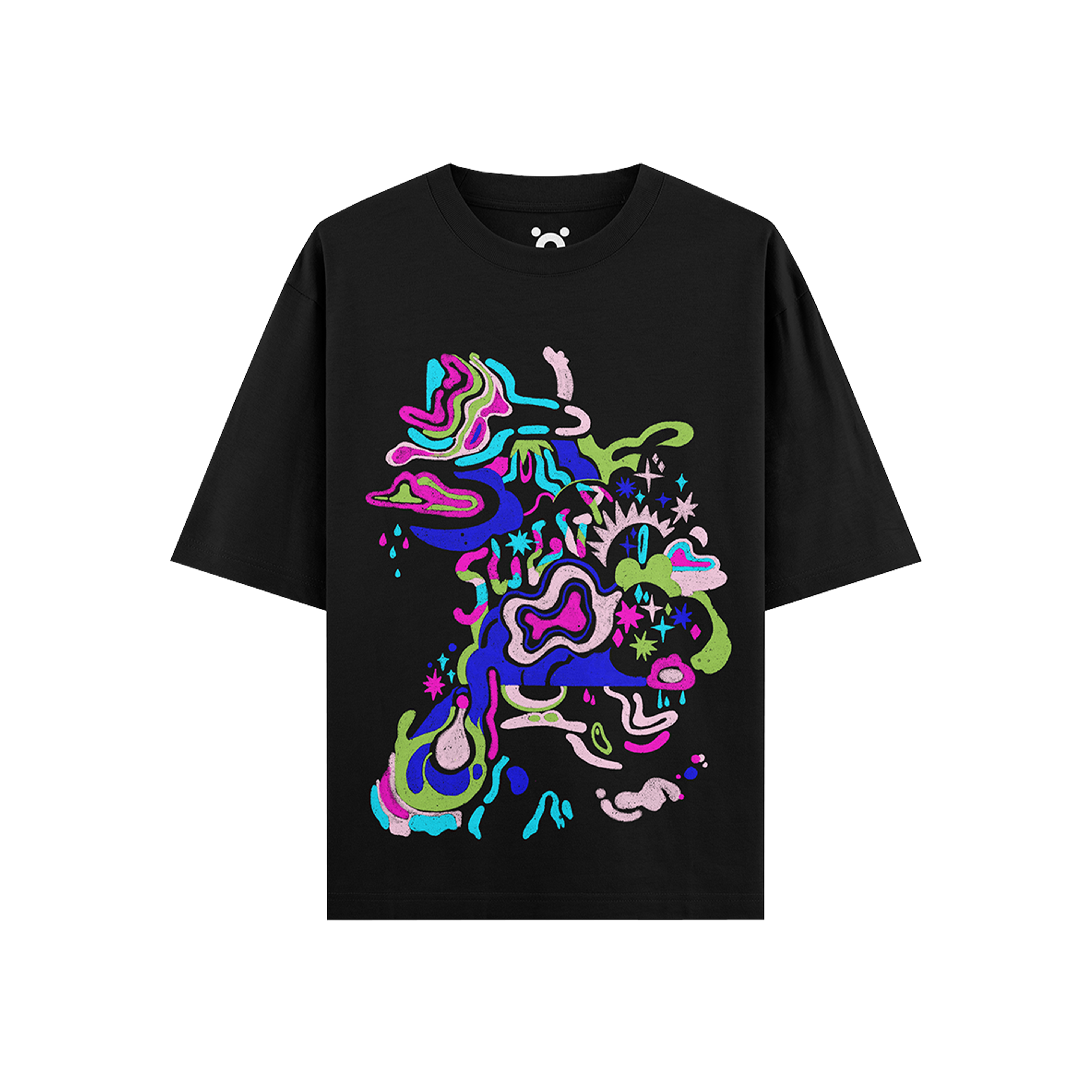 Black streetwear t-shirt with vibrant psychedelic abstract graphic and colorful patterns