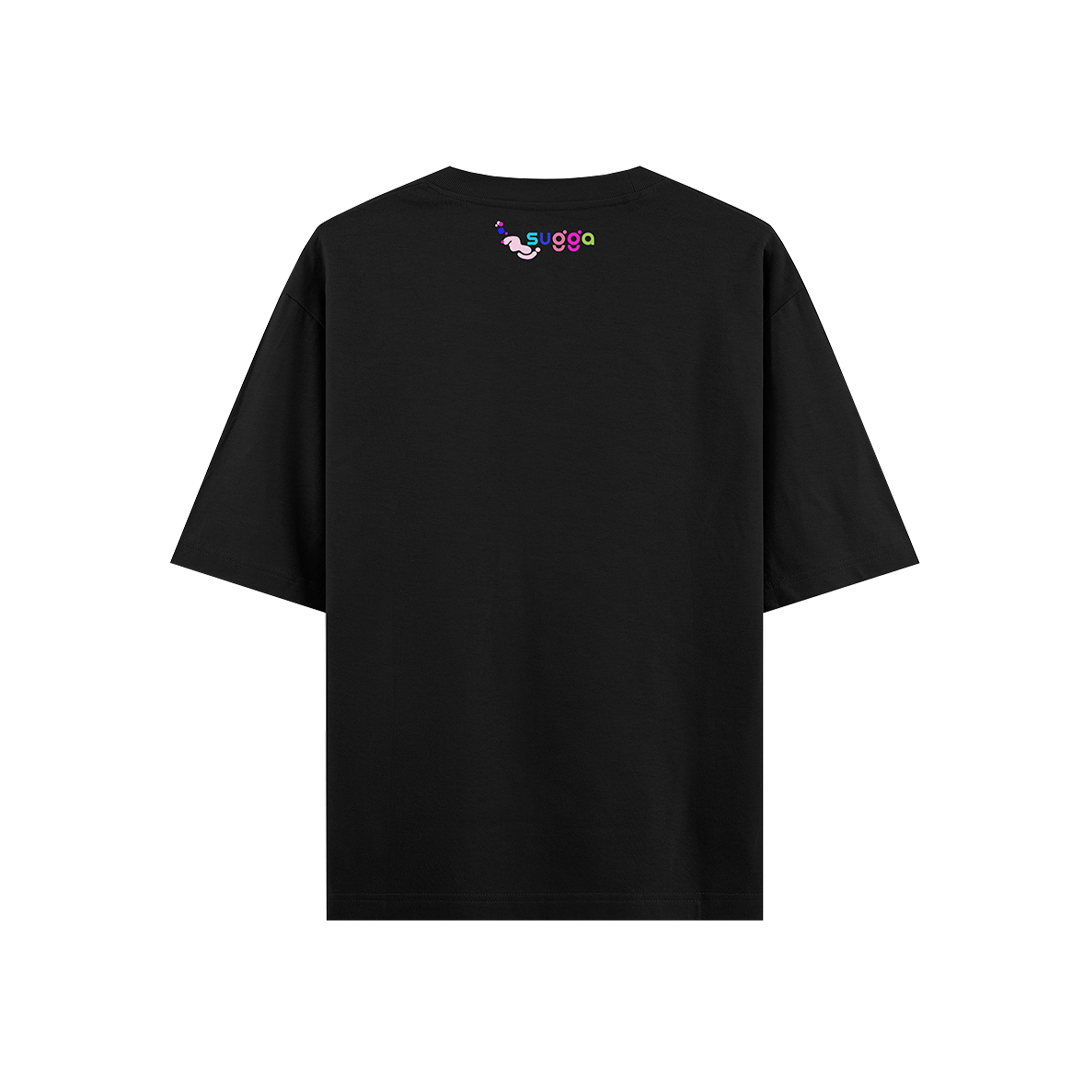 Black streetwear t-shirt with small colorful graphic and 'sugga' text on upper back