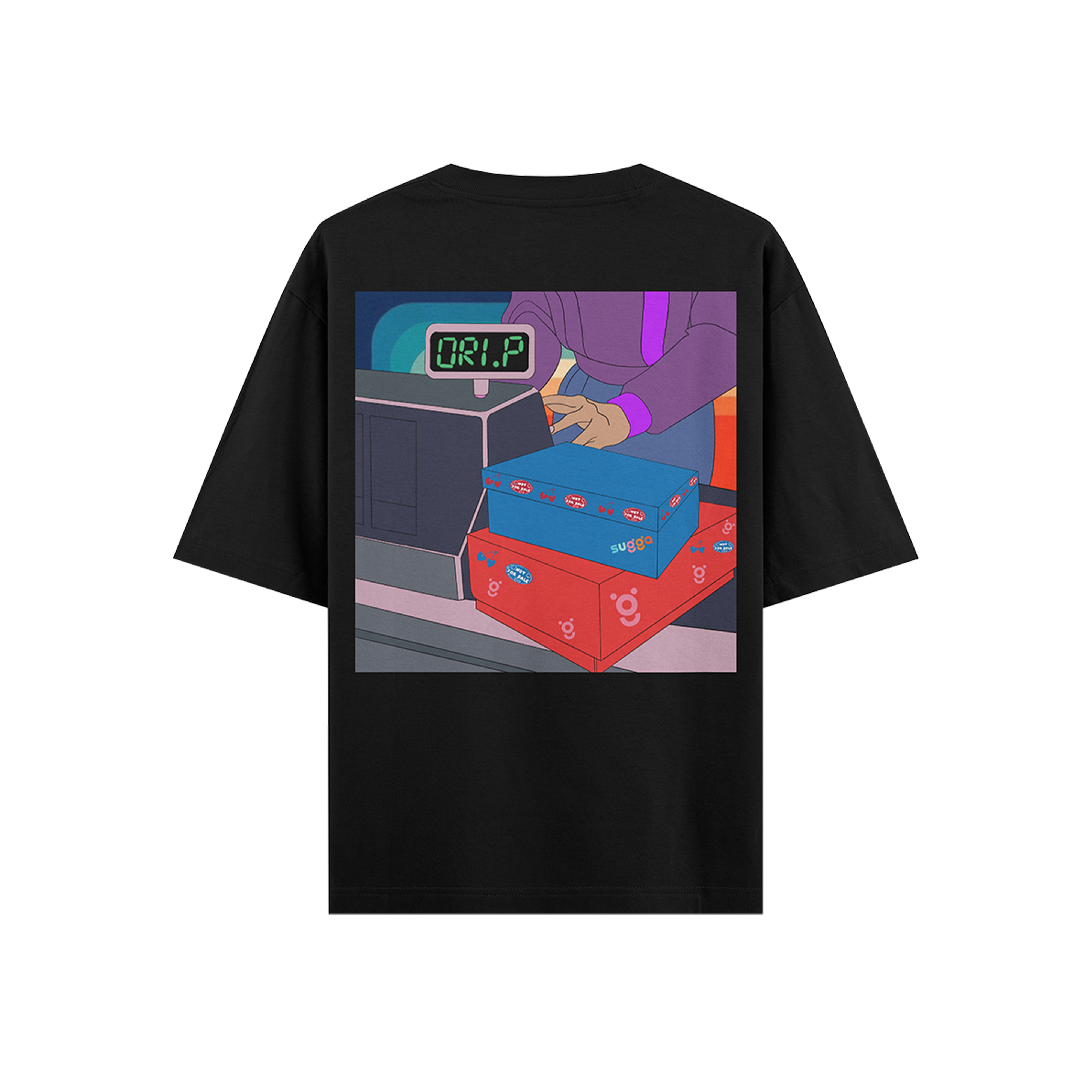 Black streetwear t-shirt with graphic of stacked sneaker boxes at a checkout counter.