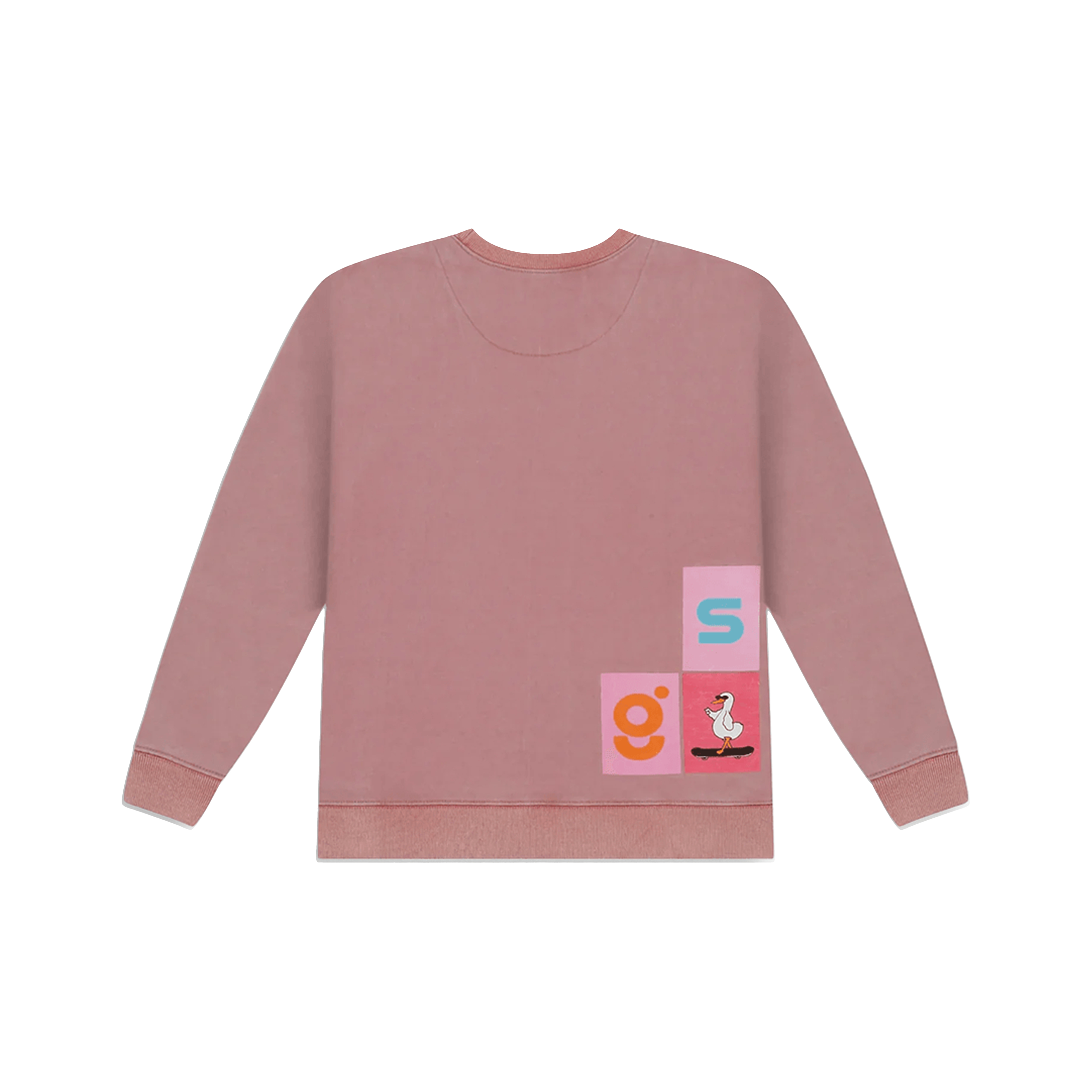 Pink streetwear sweatshirt with colorful graphic patches and cartoon duck on skateboard