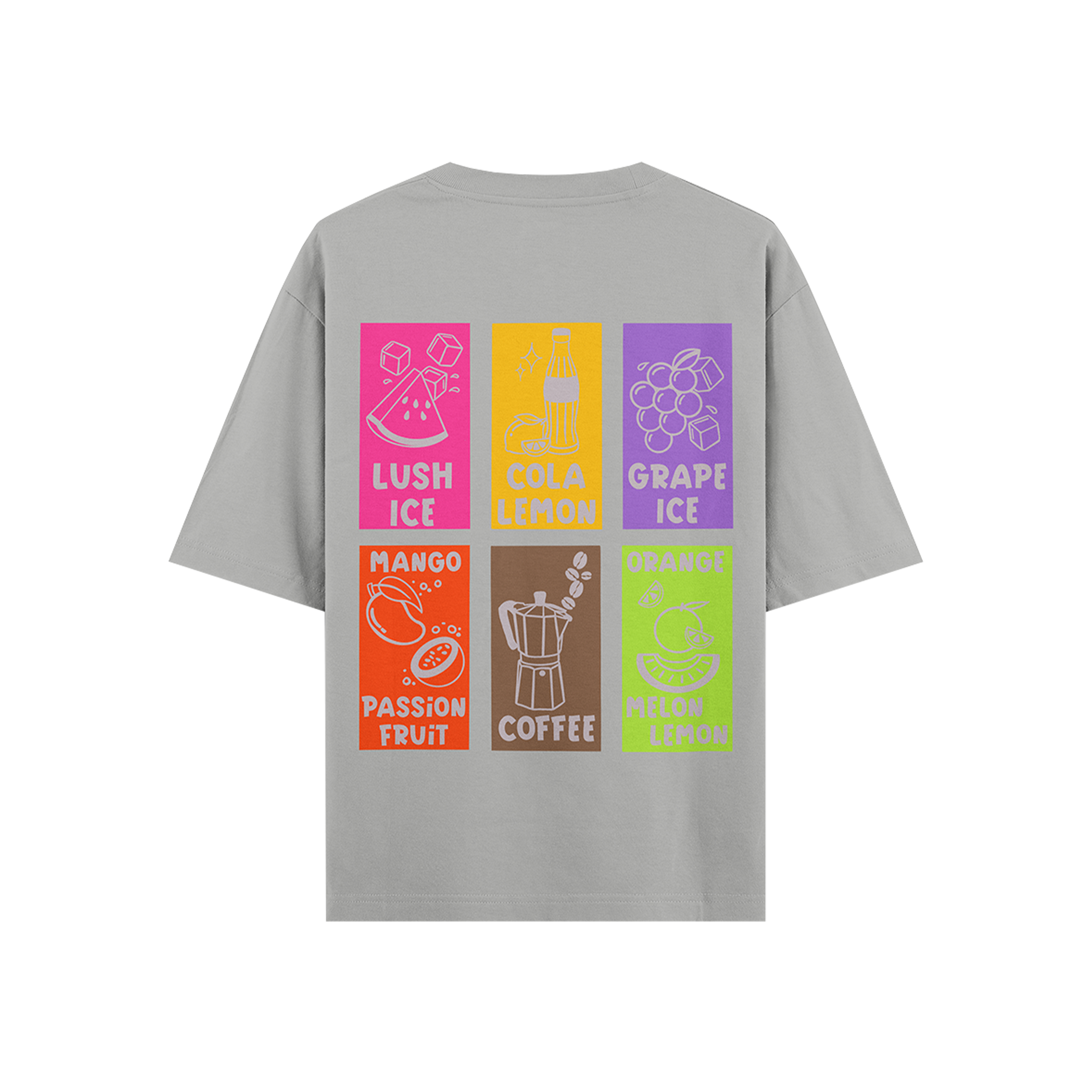 Gray streetwear t-shirt with colorful drink and fruit graphics and flavor names on back.